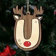 Christmas Wooden Reindeer Letter Ornaments - Natural Wood Alphabet Hanging Decor with Jute String, DIY Name/Word Xmas Tree Ornament, Personalized Tag for Home Party Decoration (Letter U)