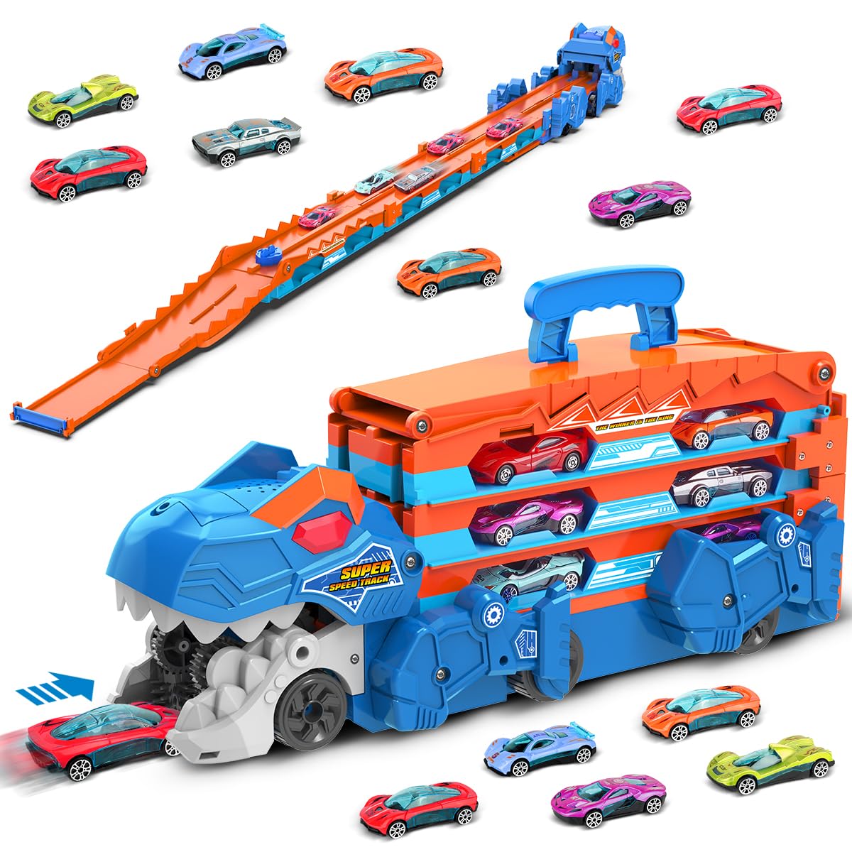 VATOS Dinosaur Transport Truck Car Toy - Ejection Folding Storage Track Toys with Sound, Portable Truck Car Toy with 8 Race Cars, Best Gift Carrier Vehicles Toys Set for Kids for Boys 3-5 Years Old