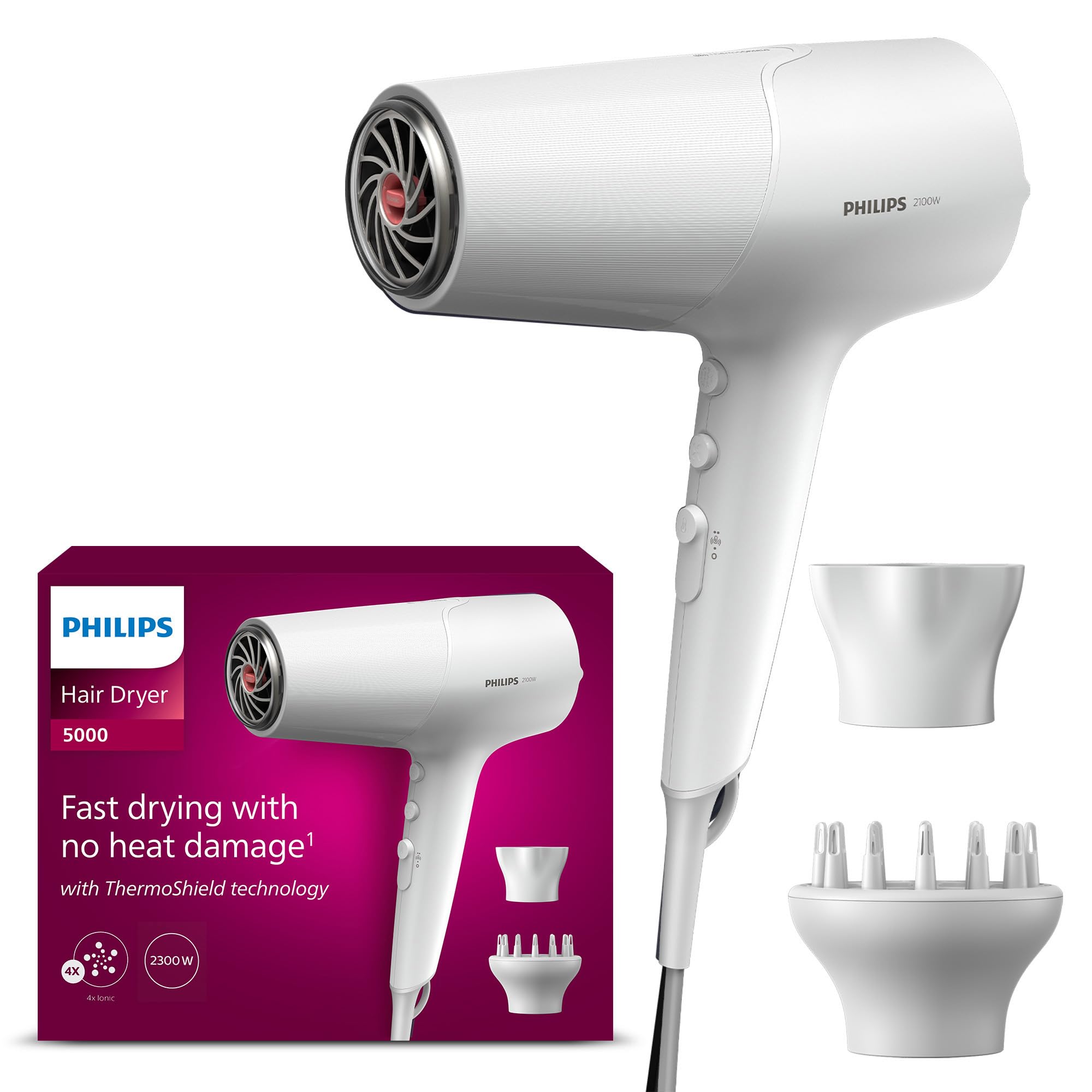 Philips Secador de Cabelo Série 5000, 2100W, com Tecnologia ThermoShield, UltraEstreito, Estreito e Difusor, BHD500/20, Preto Fosco