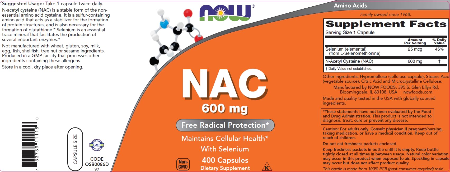Now NAC 600 mg, 400 Capsules, N-Acetyl Cysteine with Selenium — Amazon image 4