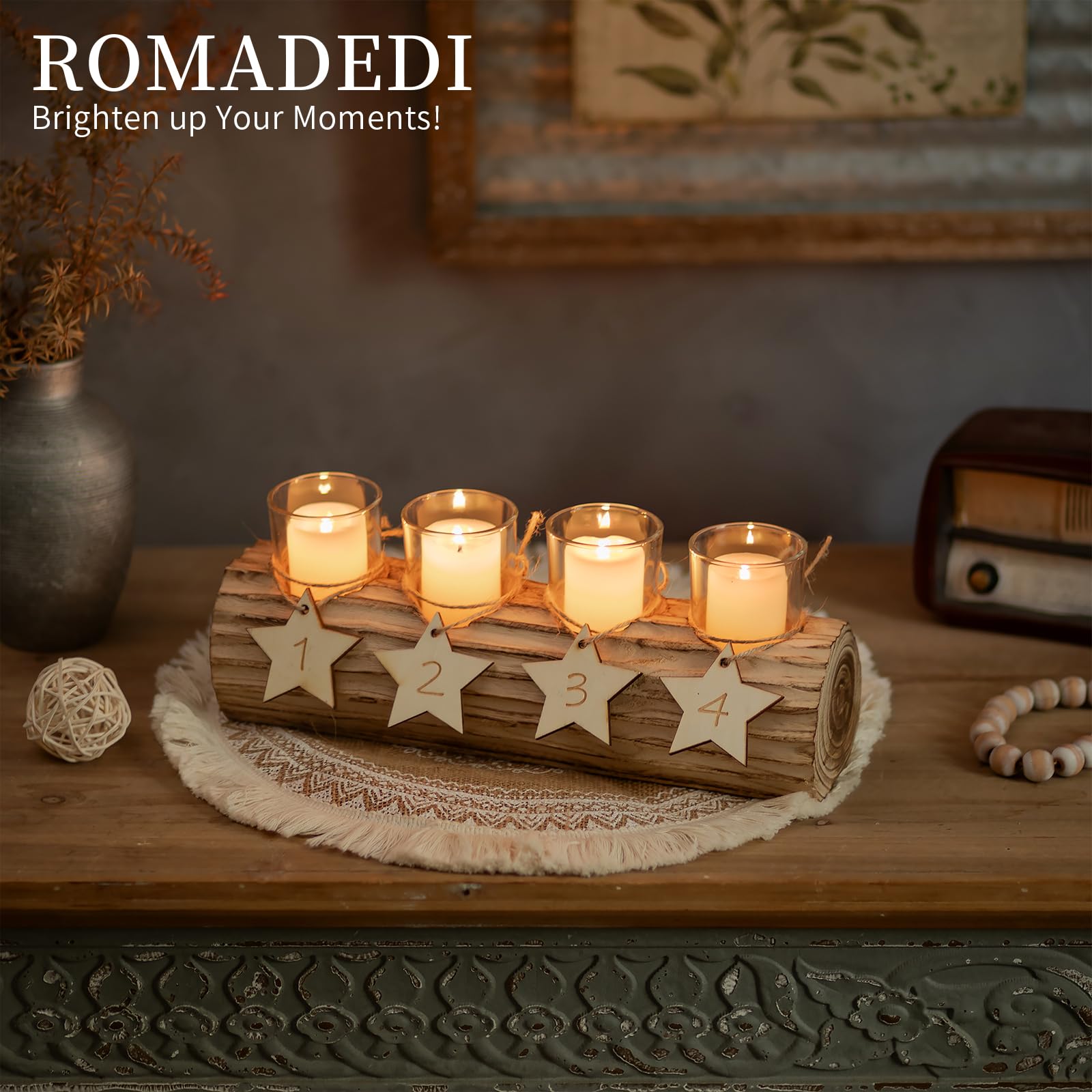 Romadedi Adventskranz Länglich aus Holz, mit 4 Gläsern und Zahlen, 31 cm