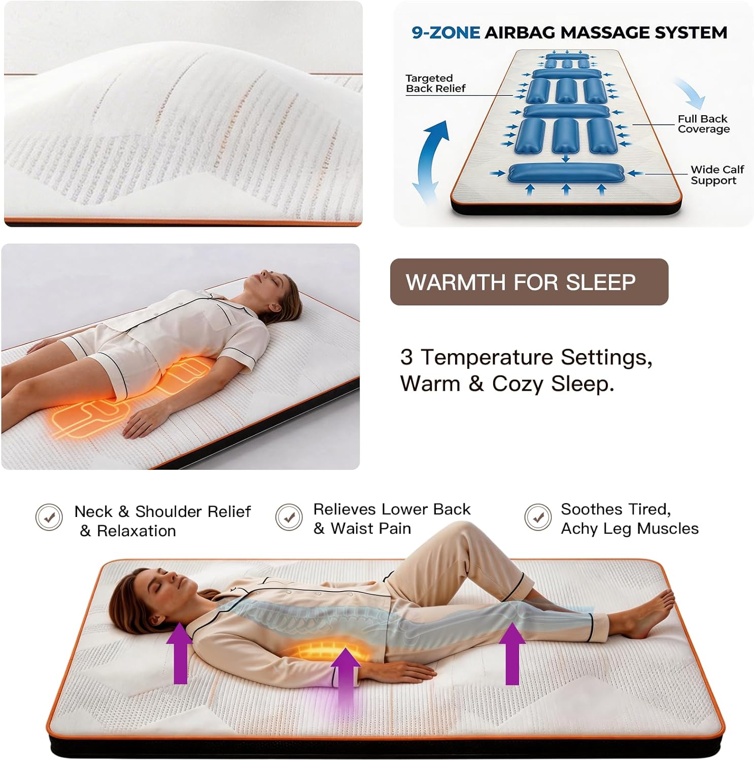 F&G Full Body Massage Heating Mat, Heating Massage Mattress with 9 Airbags, Improving Sleep, 3 Modes, 3 Heating to Relieve Discomfort in Shoulders, Waist, and Legs for Home Use,Size(38"x80")