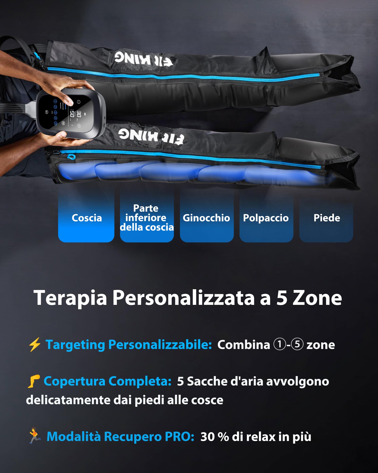 FIT KING Massaggiatore Gambe a Compressione d‘Aria Ricaricabile, Massaggio 5 Zone Regolabili con 3 Modalità e 11 Intensità, Ideale per Recupero Sportivo e Relax Quotidiano (S)
