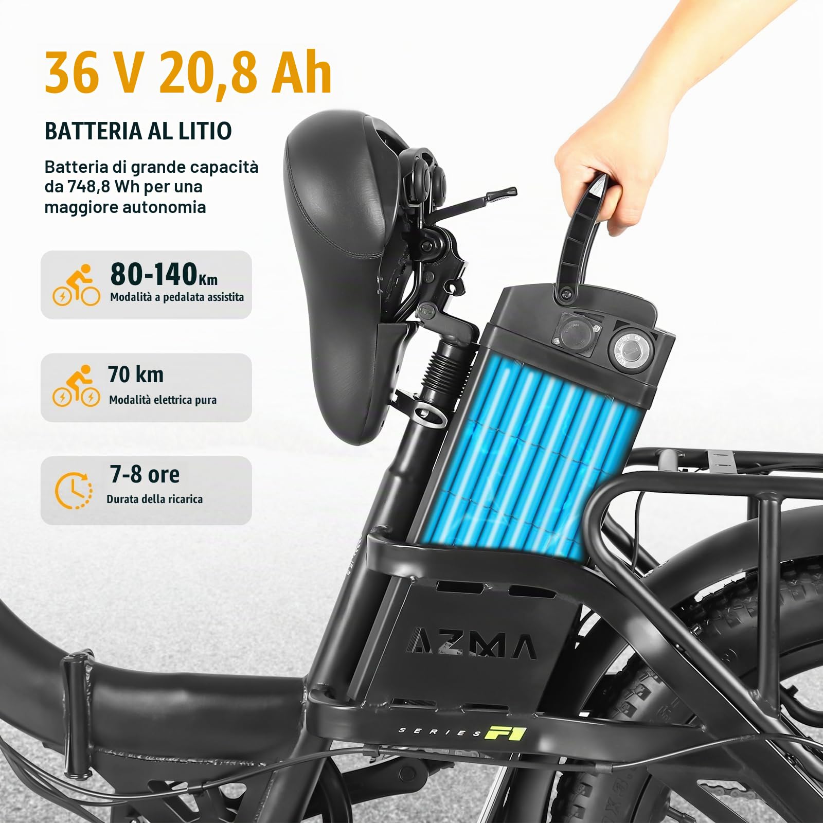 AZMA Bici Elettrica Pieghevole, 20" Bici Elettrica Uomo Donna mit 36V20.8Ah/15Ah Batteria Rimovibile, Autonomia 100-150, 7 Velocità Ebike per Pendolari Urbani e MTB