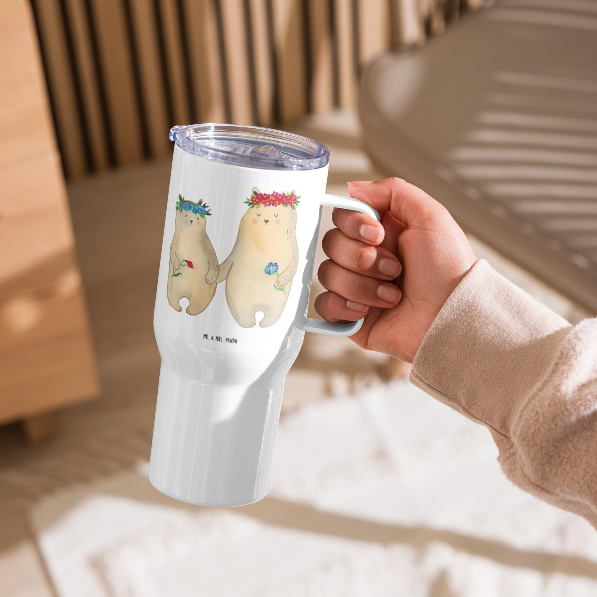 Mr. & Mrs. Panda Thermobecher Bären mit Blumenkranz - Geschenk, Teetasse, Vorbild, Kinder, Mehrweg-Kaffeebecher, Kaffee-to-go-Becher, Family, Muttertag, Isolierbecher, Mama, Beste Freundin, Mami