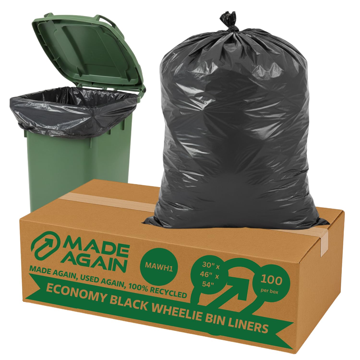 Made Again 100 Economy Black Wheelie Bin Liners, MAWH1, 240L, 30" x 46" x 54", For Outside and Garden Bin, Strong Garbage Bags, Rubbish Waste
