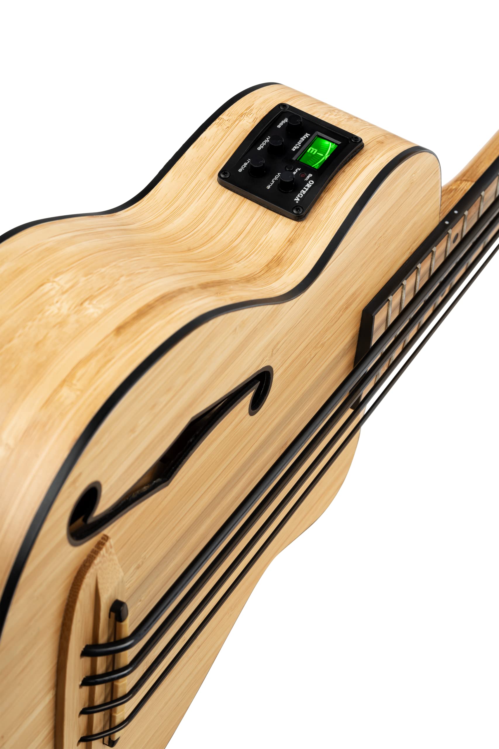 Ortega Guitars Bass Ukulele Elektro-Akustisch – F-Schallloch – Bamboo Series – Inklusive Gig Bag – Massiver Bambus, Natur (RUNAB-UB)