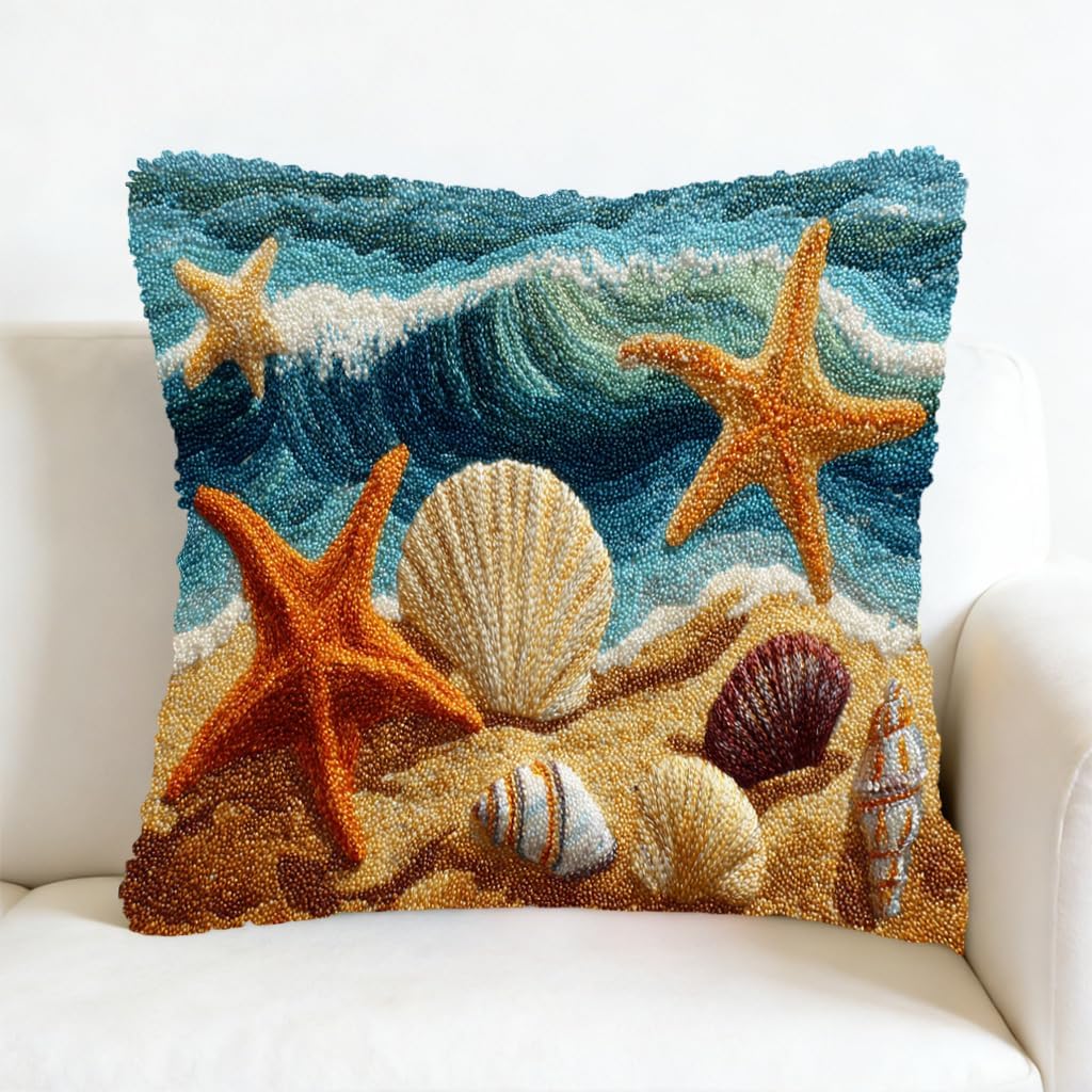 DIY Latch Hook Pillow Kit Starfish and Sea Shells on Beach Easy for Beginners Stamped Cushion 43x43cm Home Decor Craft-5