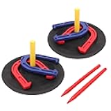 Rubber Horseshoe Game Set for Indoor and Outdoor, 4 Horseshoes (2 Red/2 Blue), 2 Rubber Mats with Posts, and 2 Plastic Stakes