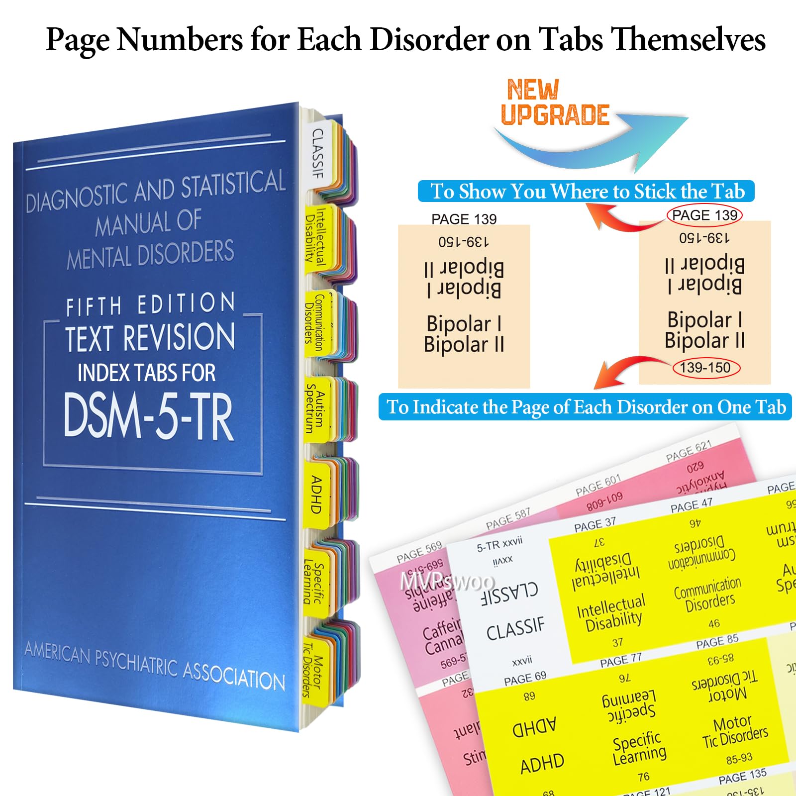 Linguette per indice aggiornate per DSM-5-TR 2022, 94 schede DSM-V-TR stampate, 100 schede in totale, con guida all'allineamento e scheda descrizione dei disturbi per il manuale diagnostico e