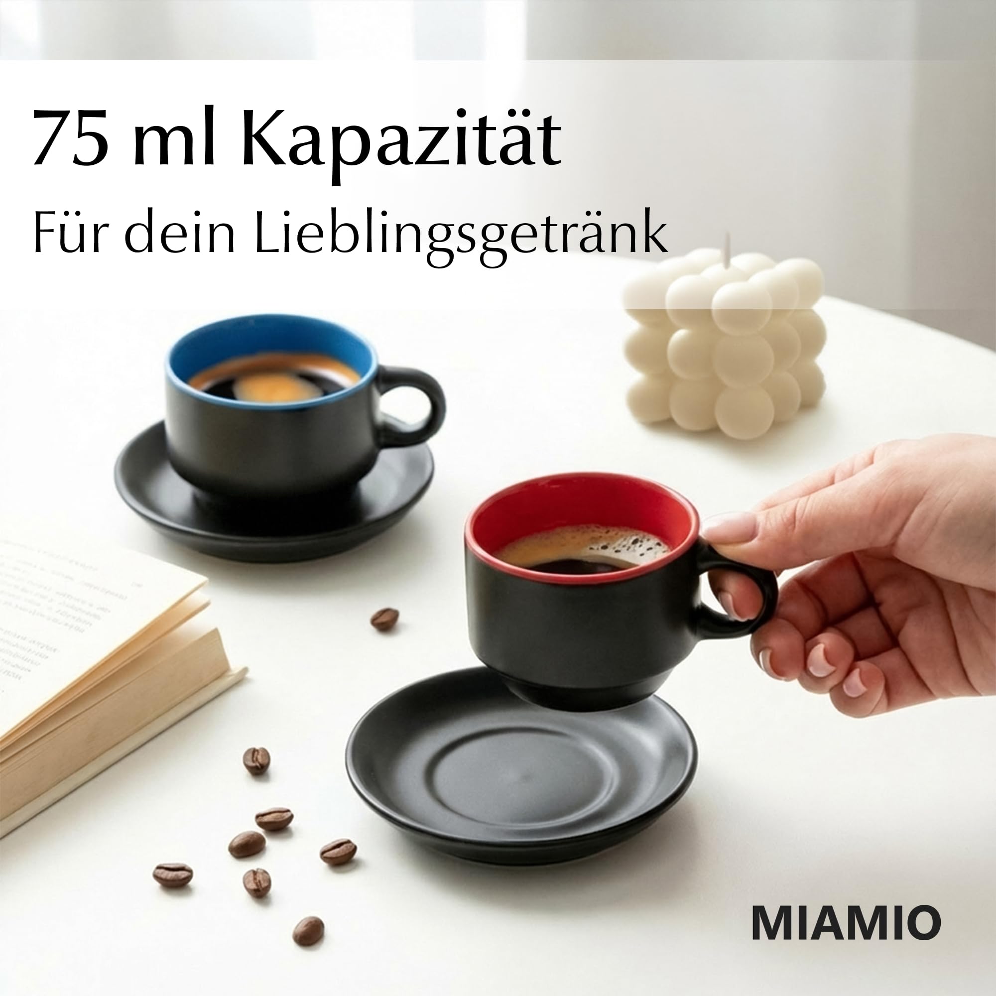 MIAMIO - 6 x 75 ml Espressotassen Set/Espresso Tassen Set mit Untertasse & Ständer - Kaffeetassen Set 6er Kaffeebecher Keramik - Le Papillon Kollektion (Bunt)