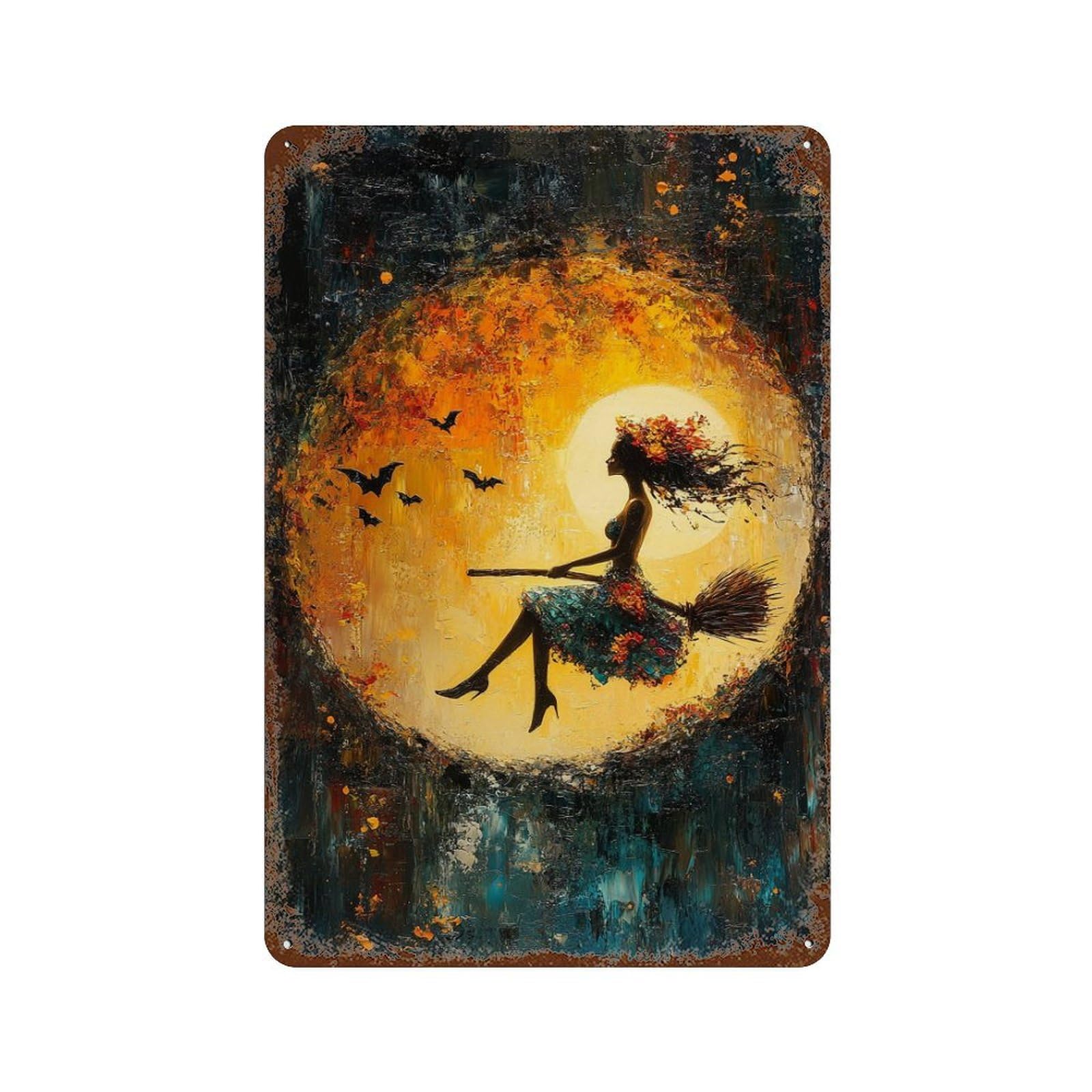 Halloween Witch Moon Painting Aged Metal Wall Plaque 11.8"x7.9", for Office, Studio And Wall Decor, Novelty Wall Decor