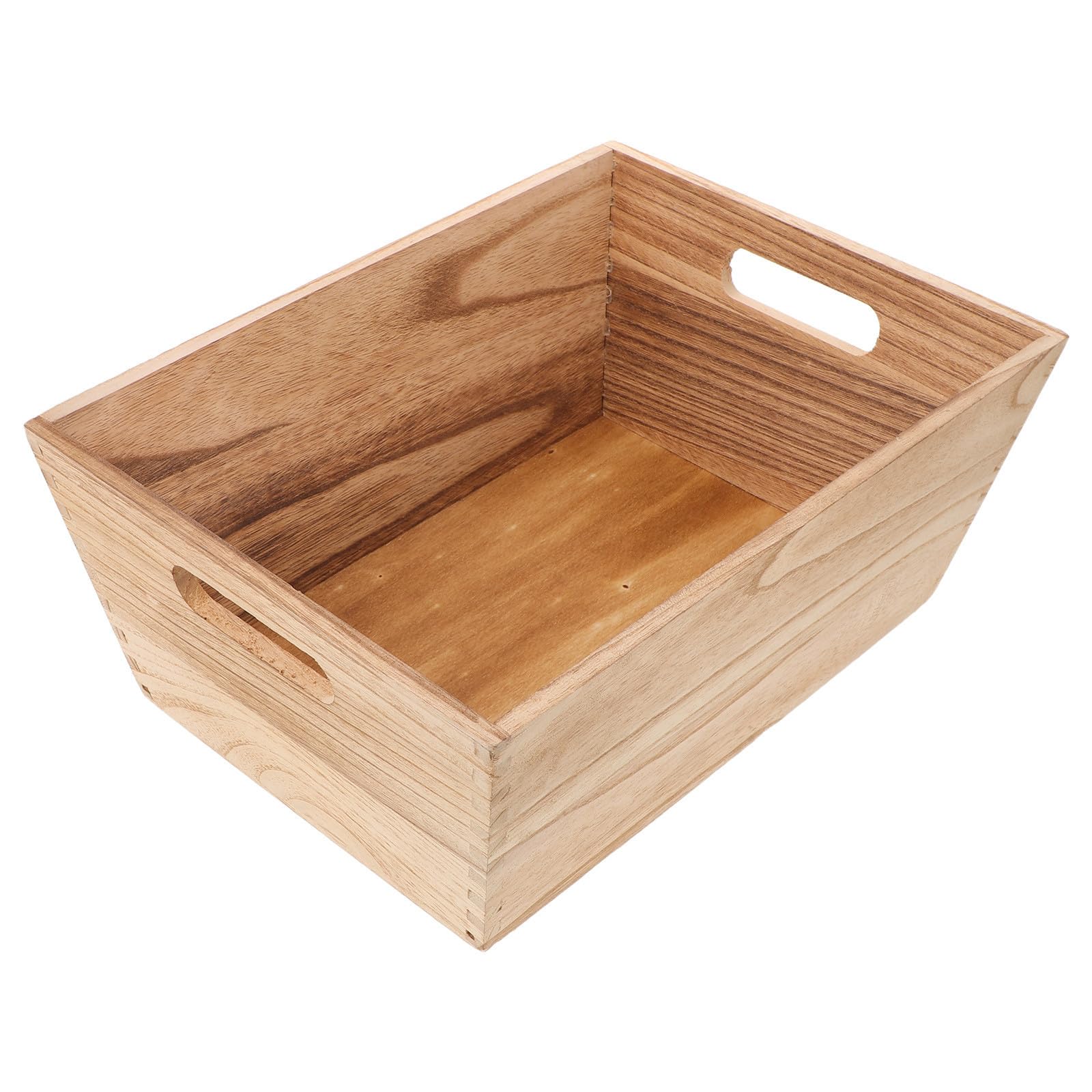 Caisses de rangement en bois sous tablette et panier de fruits légumes beige