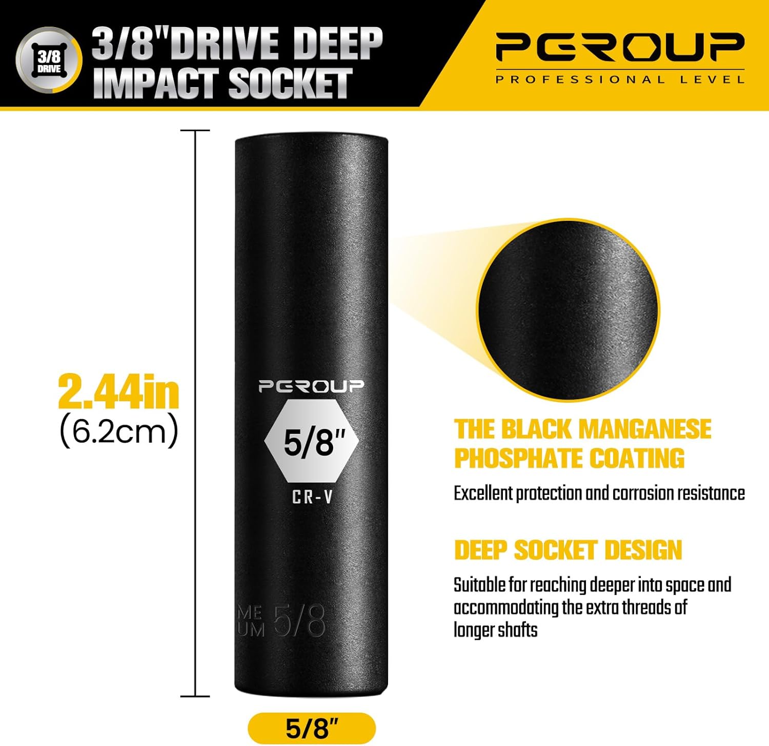 3/8インチドライブディープインパクトソケット、SAE(5/8インチソケット)、6ポイント、Cr-Vスチール、ブラックリン酸マンガン