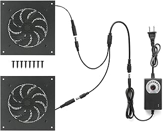 Nalle 120MM Quiet Cooling Dual-Fan System with Power Adapter and Speed Control for Home Theater AV Cabinets Server Cabinet Greenhouse Cooling 6.3 * 6.3"Front-Panel