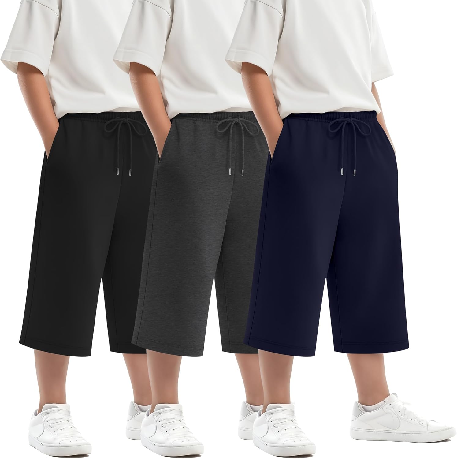 3 Pack Boys' Capri Pants Kids Wide Leg Loose Drawstring Capri Sweatpants Casual Basic Cropped Pants with Pockets