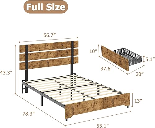 Miniatura 2 de Base de cama matrimonial con 4 cajones de almacenamiento, cabecera de madera rústica y plataforma de estribo con listones de madera fuertes y