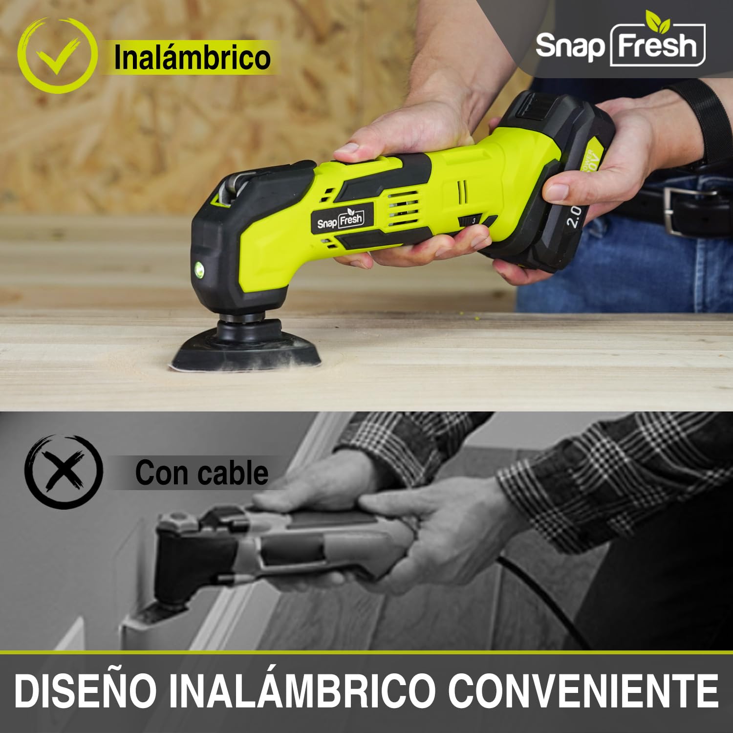 SnapFresh Herramienta oscilante inalámbrica, multiherramienta de 20 V con 6 velocidades, ángulo de oscilación de 3,2°, 22 accesorios, batería de 2,0 Ah y cargador rápido, kit de herramientas para