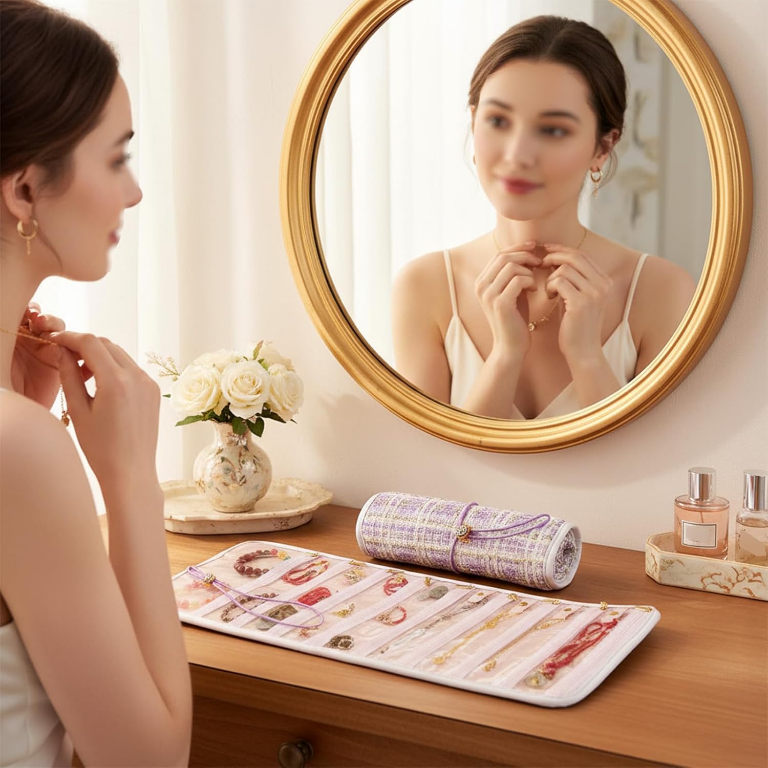 Portable Travel Jewelry Organizer Roll with 17 Zippered Compartments,Tangle-Free Necklace Storage Bag,Travel Jewelry Pouch for Bracelets, Earrings, Rings, Brooches (Green) - Image 5