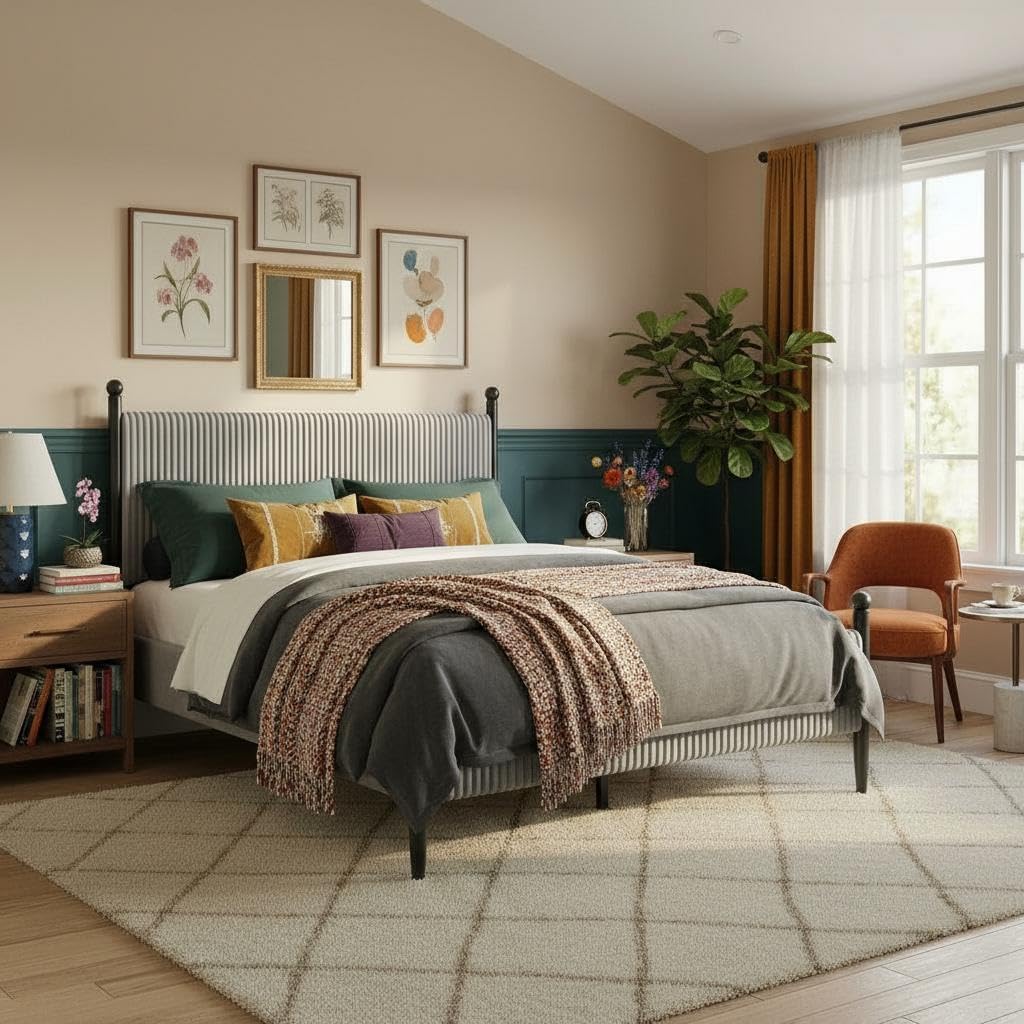 Garvee Queen Size Upholstered Bed Frame - with Velvet Headboard, Soft Corduroy Fabric Platform with Wooden Slats Support & Heavy Duty Feet, No Box Spring Needed, Noise Free, Easy Assembly, Grey