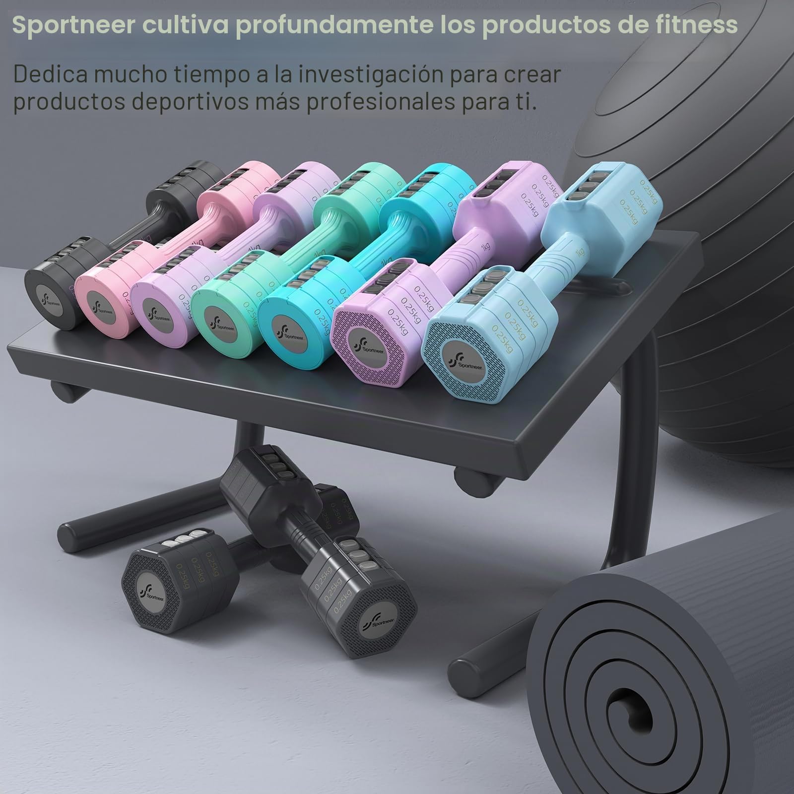 Sportneer Juego de mancuernas ajustables, 4 en 1 mujer, para gimnasio, fitness, entrenamiento de fuerza, regalo (negro y gris)