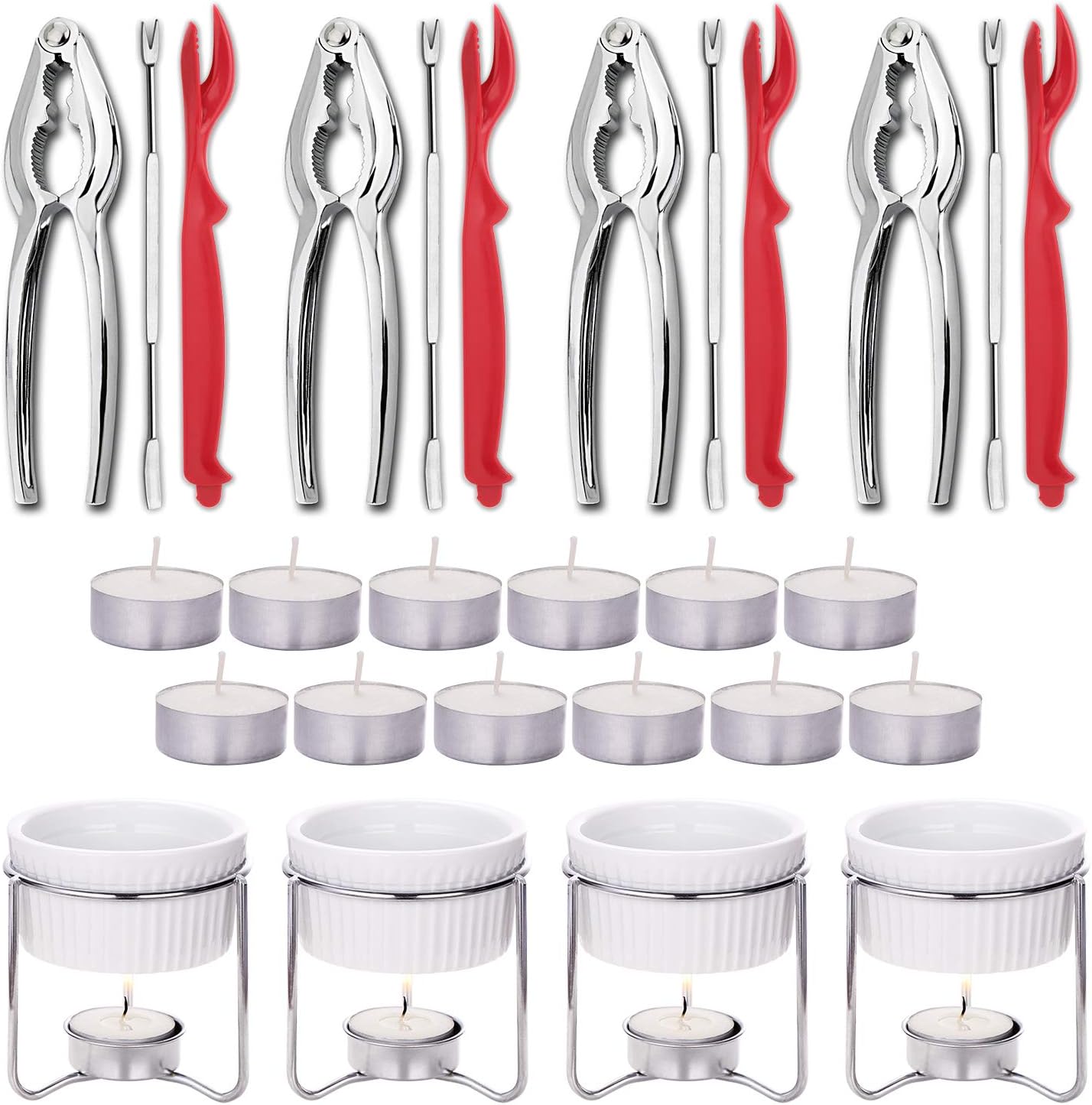 Hiware 28-Piece Crab Crackers and Tools Set - Crab Lobster Leg Crackers and Picks Seafood Tools, Includes Crab Crackers, Butter Warmers, Lobster Shellers, Crab Forks and Tealight Candles