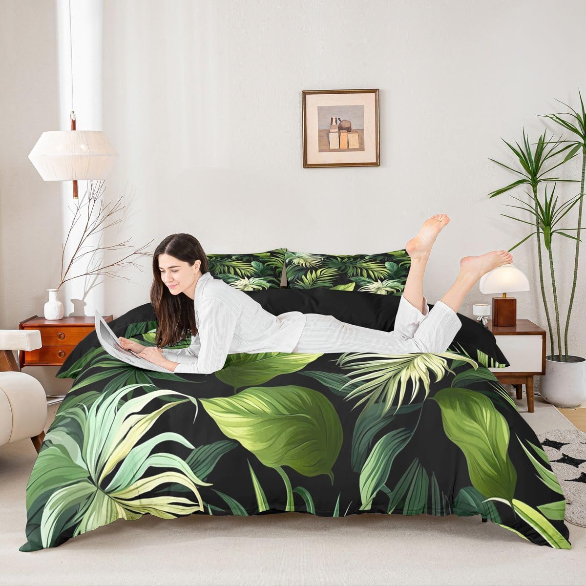 Feelyou Tropical Leaves Bedding Set Twin Size Kids Palm Tree Print Comforter Cover Set for Boys Girls Teens Leaf Pattern Duvet Cover Botanical Leaf Branches Bedspread Cover Botanical Quilt Cover