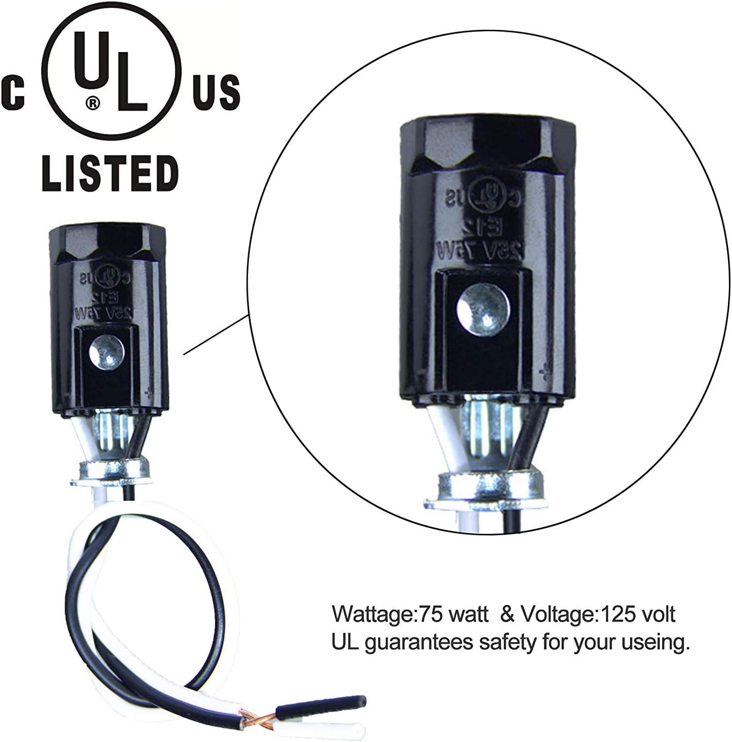 8 Packs E12 Lamp Holder, Candelabra Base Light Sockets with 6 Inch Wire Leads, Copper Wire, 75 Watt - 125 Volt, Keyless Phenolic, UL Listed (8 Pack)