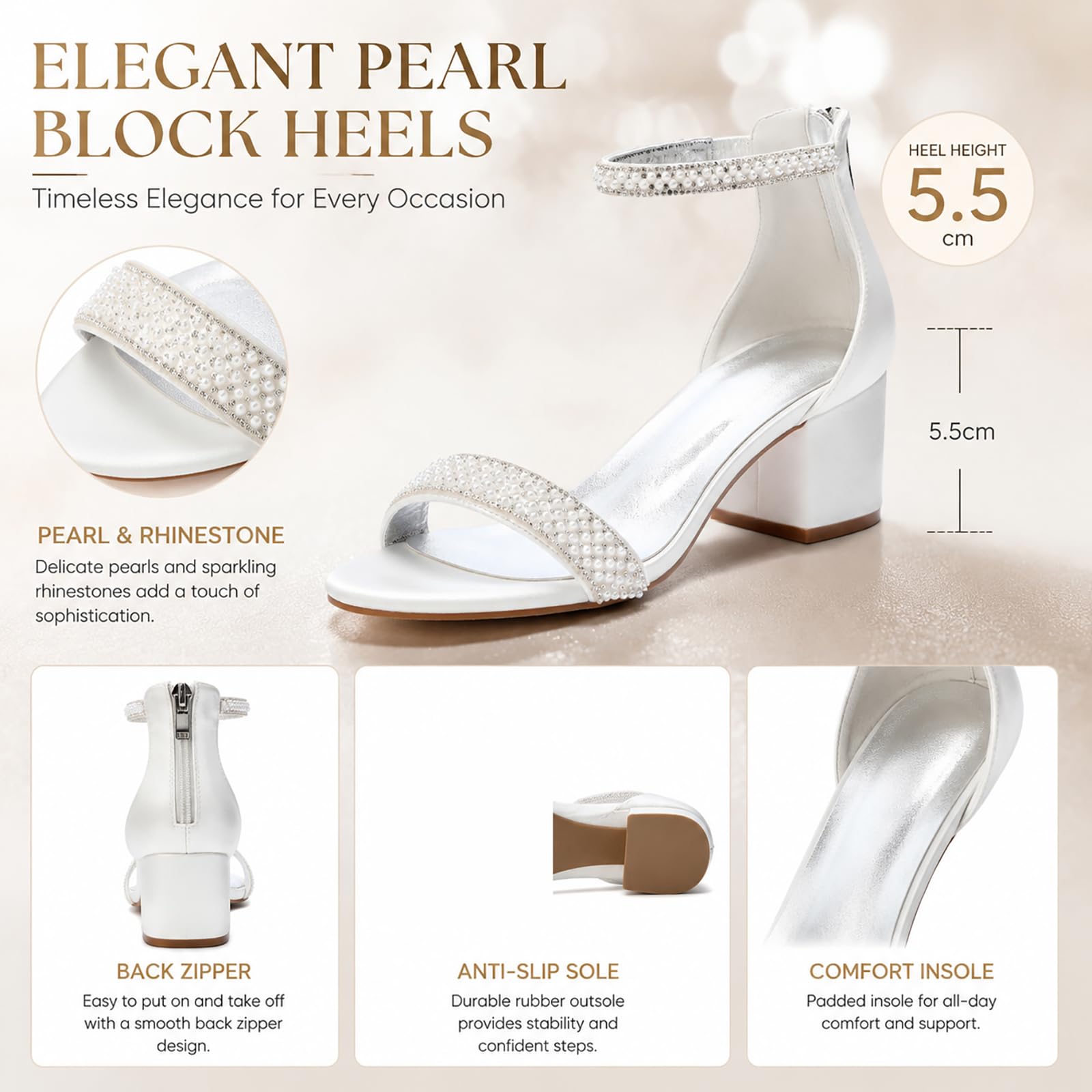 Damen Sandaletten Blockabsatz 5,5 cm Perlen Strass Hochzeit Elegant