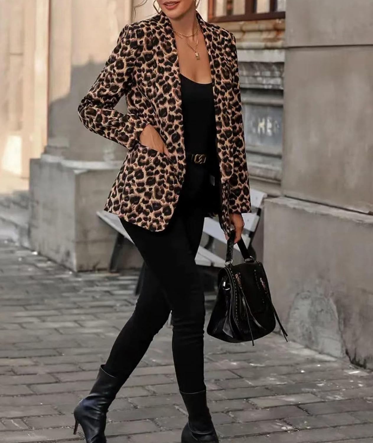 SEMATOMALA Women's Slim Fitted Business Casual Blazer Jacket Leopard Open Front Blazer Work Office Suit Coat