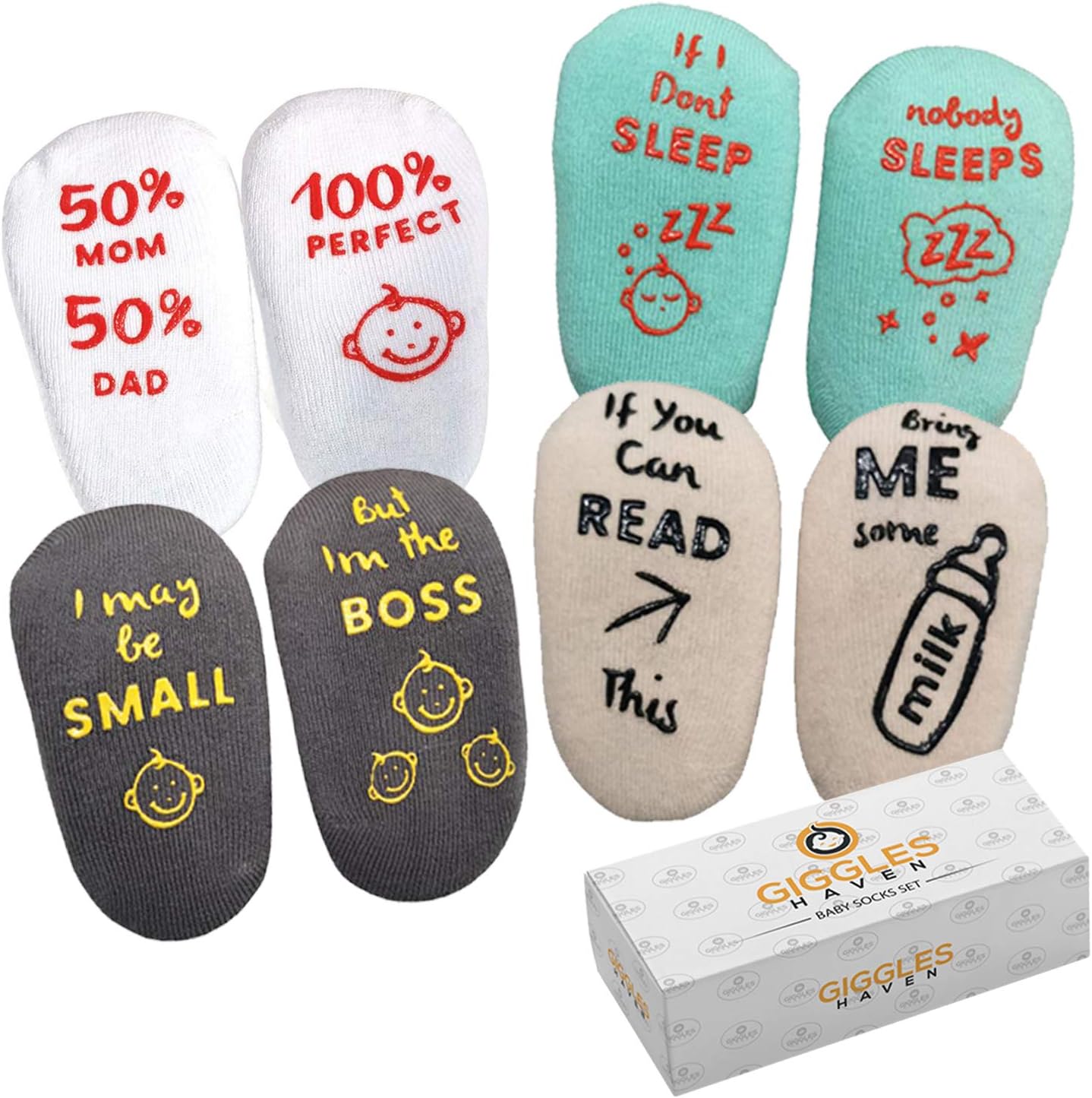 Baby Socks 4-Pair Gift Set - Infant Essentials with Funny Sayings - Non-Skid Gripper Socks to Prevent Slip or Fall - Safety and Comfort Design - For 6-24 Months Girls or Boys