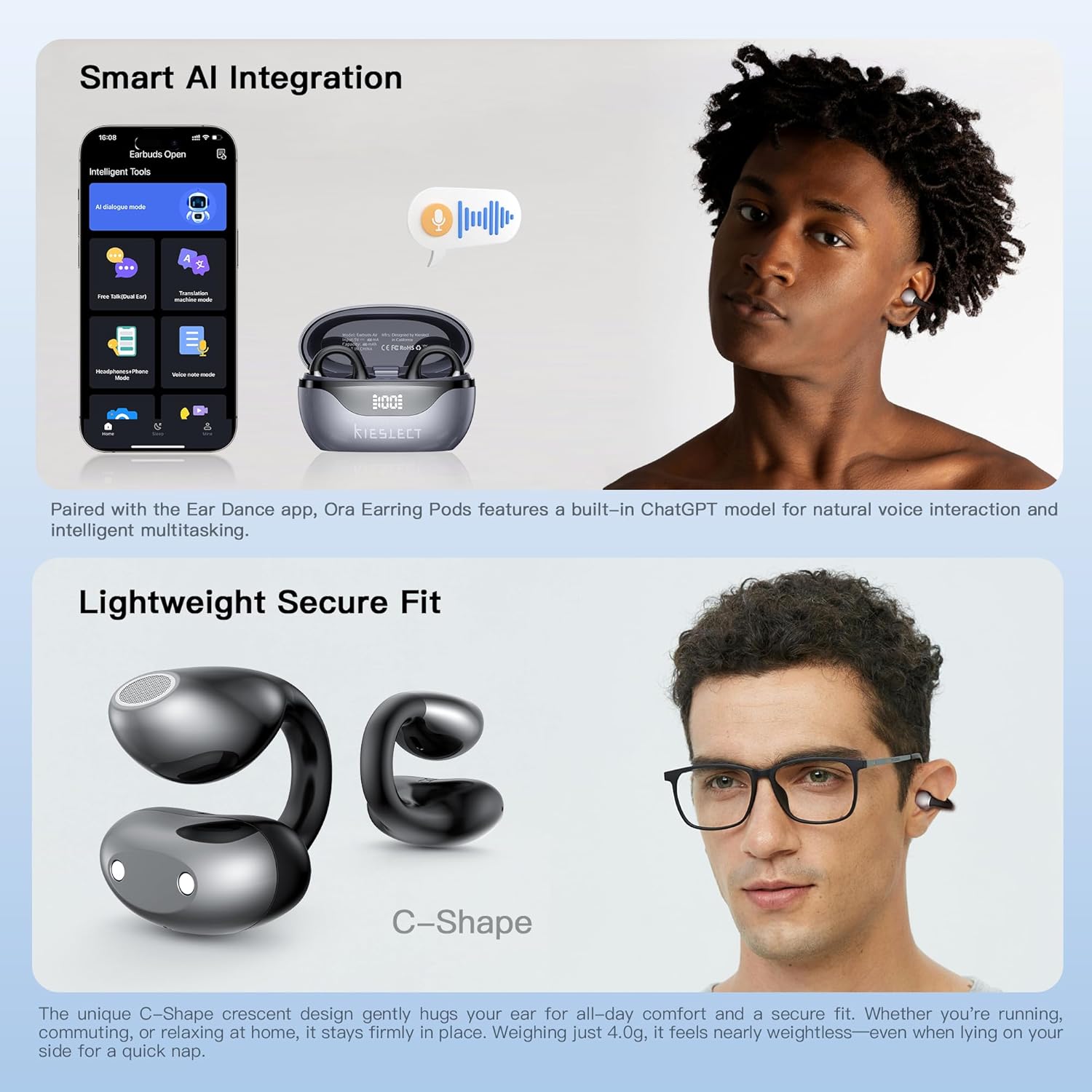 Kieslect Clip on Earbuds Open Ear Wireless Bluetooth Headphones AI 165 Language Translator Earbuds with Wireless Charging Case, Translation Earphones Real Time, Translate Ear Buds for Travel Learning - Image 5