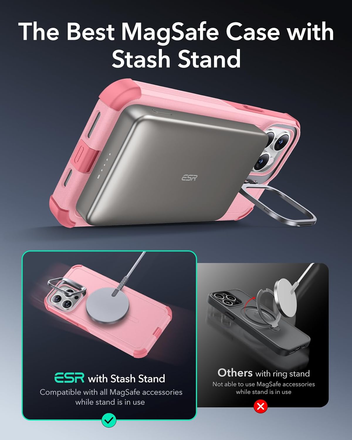 ESR for iPhone 13 Pro Max Case with Stand, 23 ft Military-Grade Drop Protection Heavy Duty Magnetic Phone Case, Compatible with MagSafe Accessories, Cyber Series, Pink - Image 4