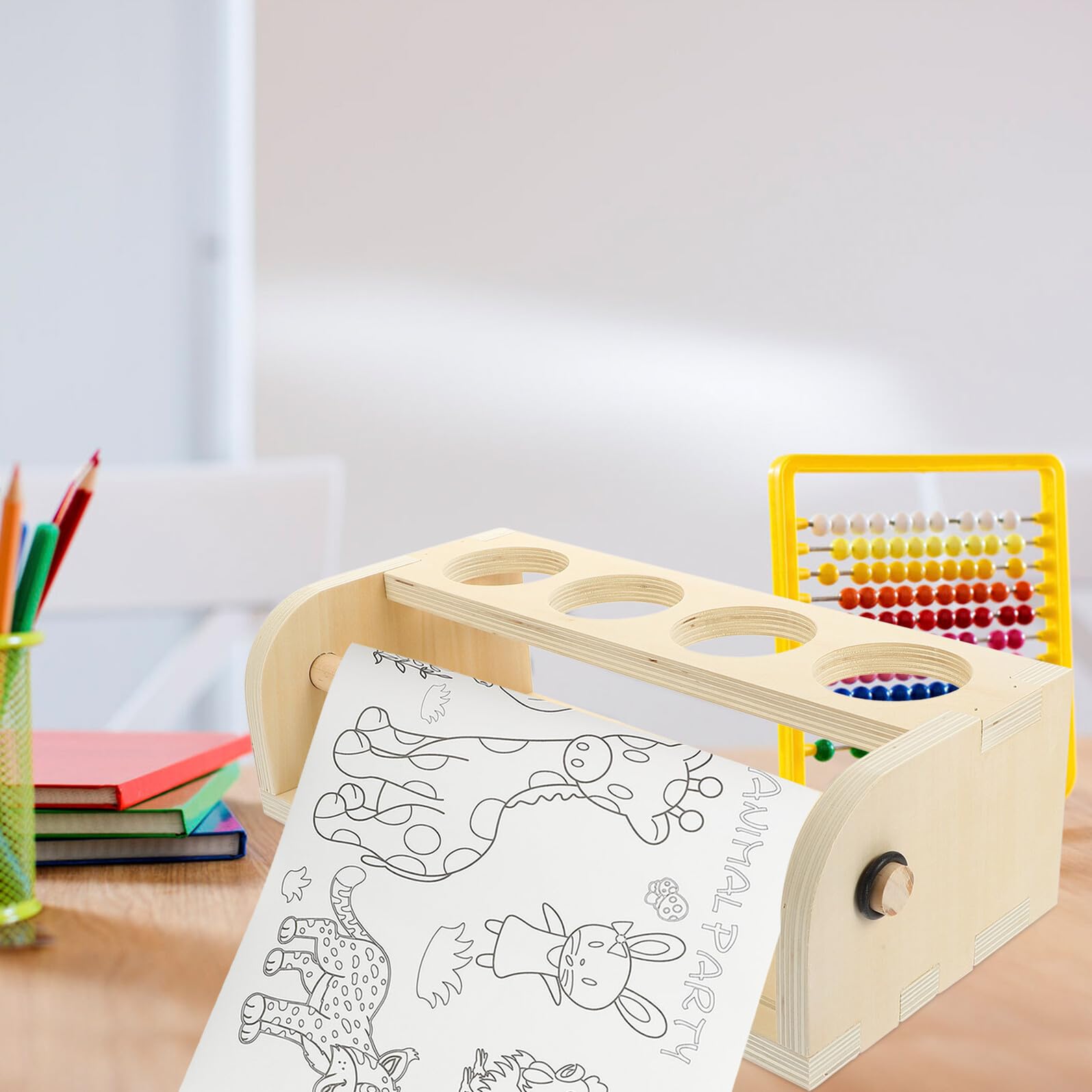 BESTonZON Portarotolo Porta Carta da Disegno in Legno per Ragazzo Ragazza, Cavalletto per Pittura da Scrivania 35×17×11 Cm Porta Penne Integrato, Accessorio Artistico per Schizzi