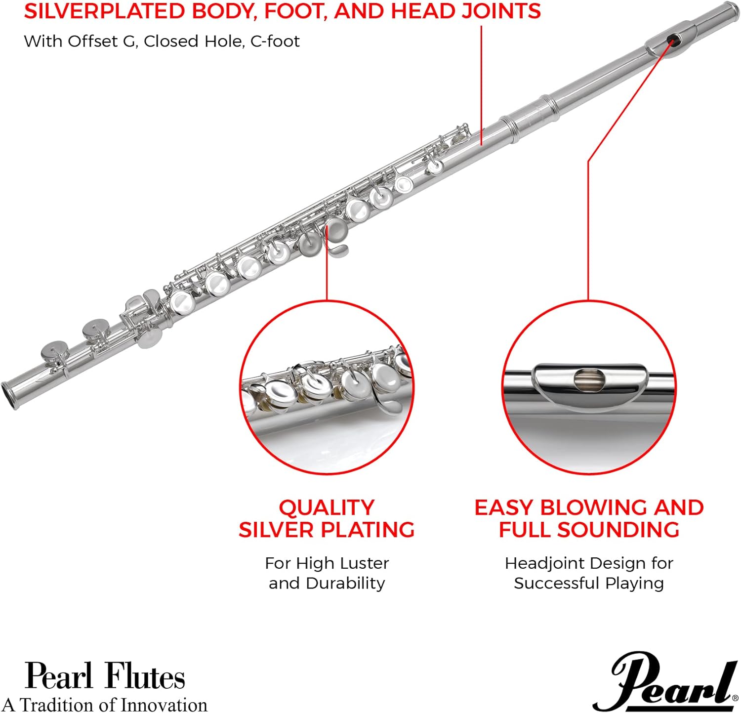 Annotated image of Pearl Flute PF200 showing silver-plated body, foot, and head joints, quality silver plating, and easy blowing headjoint design