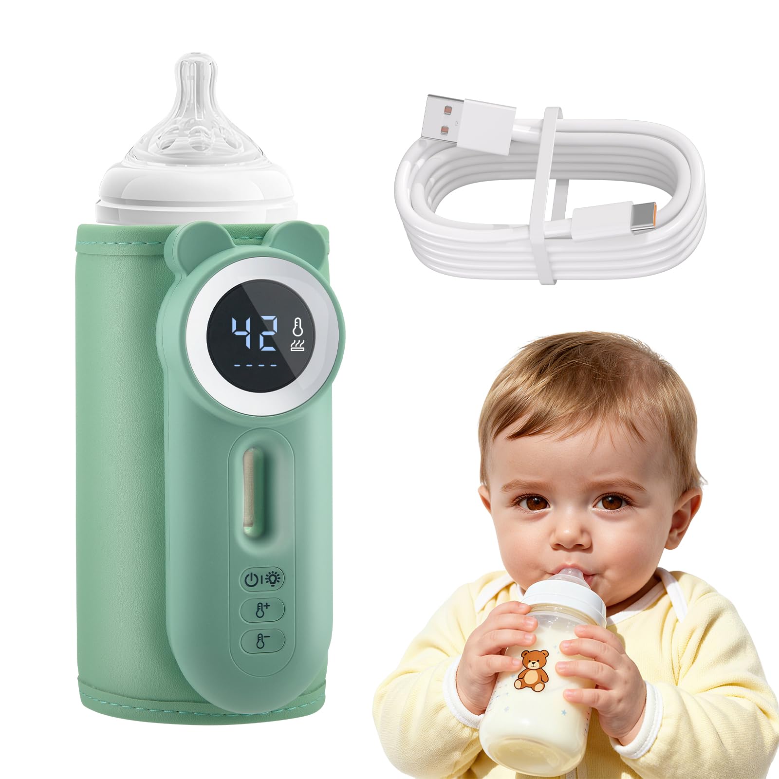 Scaldabiberon portatile in viaggio, controllo della temperatura a 11 livelli e display LED, riscaldamento rapido senza acqua, batteria da 10400 mAh, con luce notturna per viaggi e casa (verde)