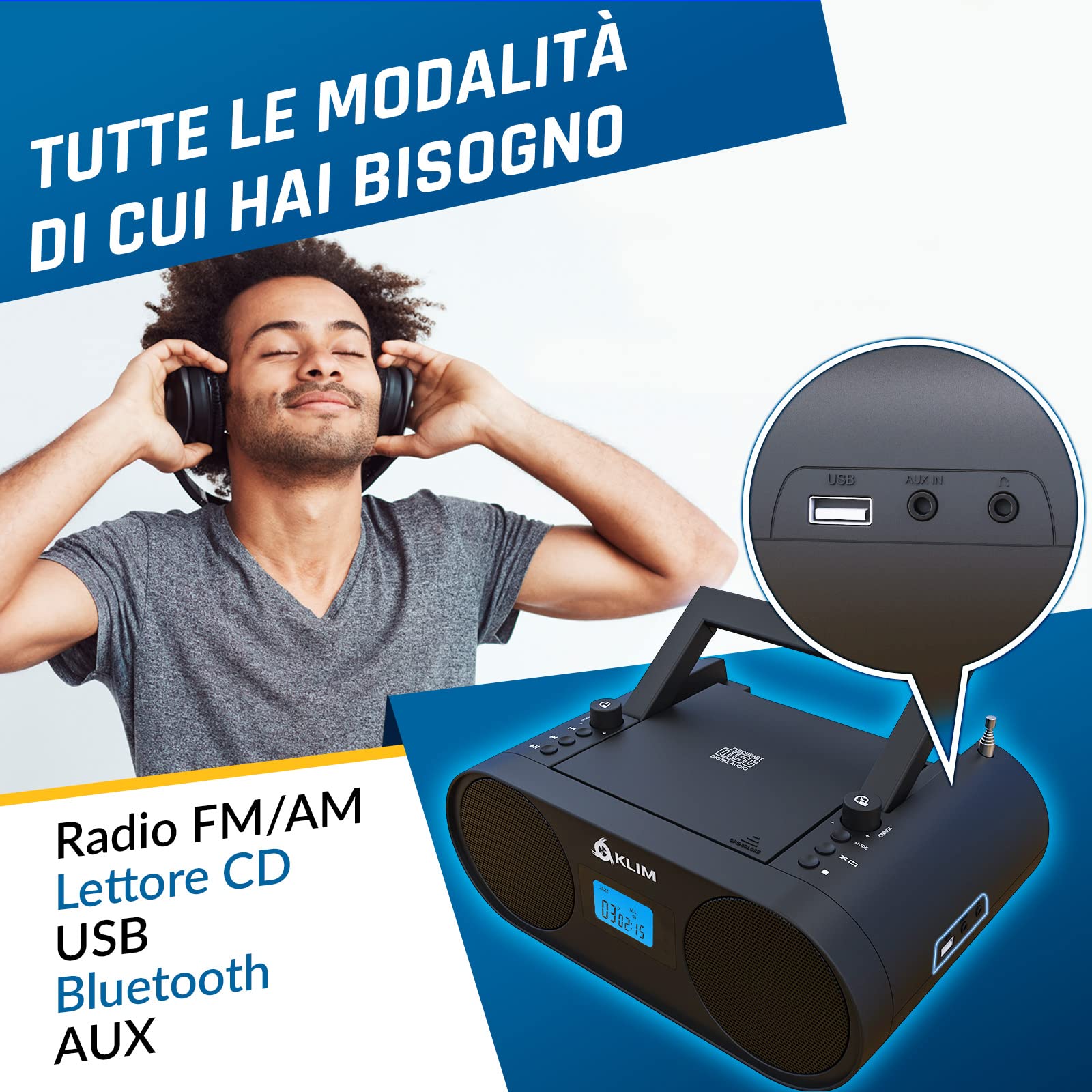 KLIM Lettore CD Stereo Boombox B4 + AM/FM Radio con Lettore CD e USB, Bluetooth, AUX + Stereo casa + Filo o Wireless + Batteria ricaricabile, Telecomando, Standby automatico, EQ Digitale + NUOVO