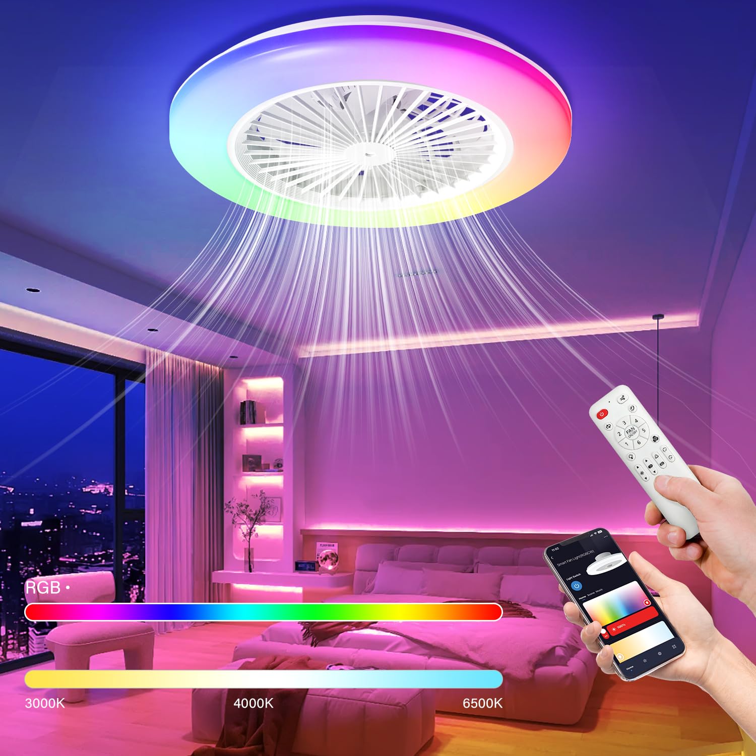 Lospitch Deckenventilator mit Beleuchtung, Ø49cm Smart RGB LED Fan Licht mit Fernbedienung, LED Umkehrbar Deckenventilator mit Licht, Timer und 3 Farbtemperatur und 6 Geschwindigkeiten