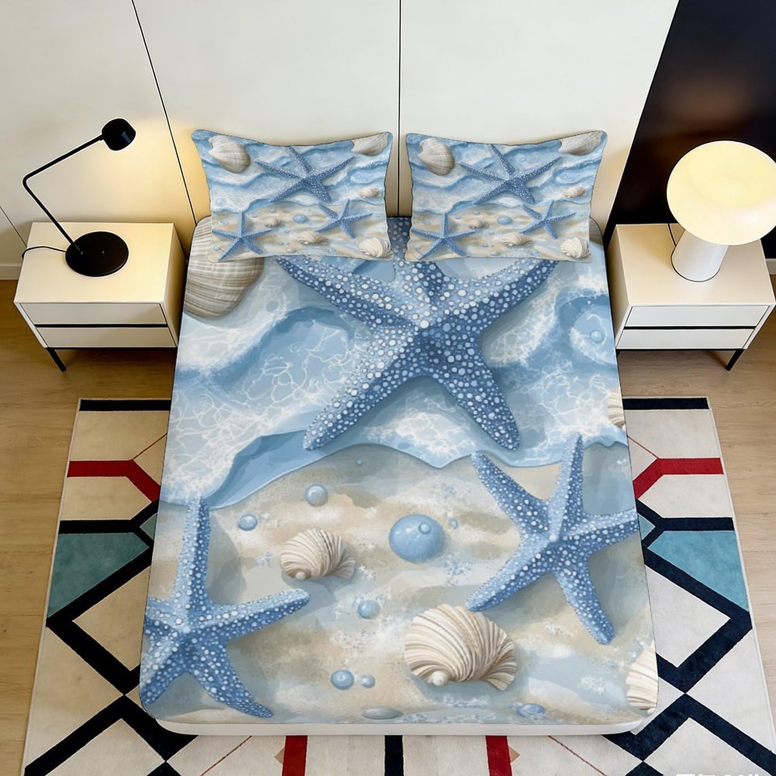 3D Printed Starfish Beach Theme Fitted Sheet Microfiber Non-Slip Shell Mattress Cover for Bedroom Dorm Easy Care Decor 90x200x25cm