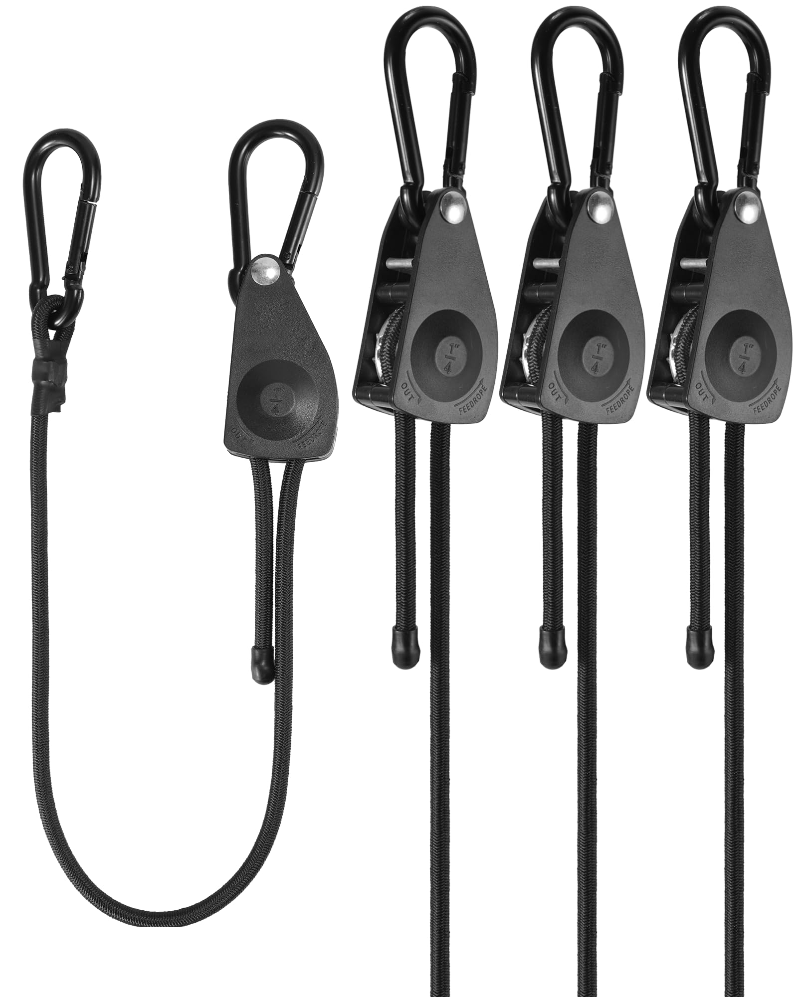 Cordón elástico de mosquetón ajustable resistente de 48 pulgadas con ganchos, fácil de ajustar de 7 a 48 pulgadas, correas elásticas de trinquete negras con mosquetones de hierro y elasticidad