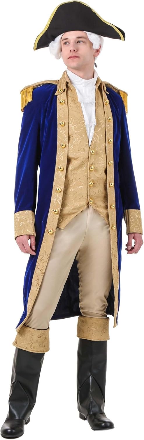 Fun Costumes George Washington Colonial Costume for Men - Blue Velvet Jacket, Vest, Pants, Hat, Ascot, Boot Tops - Blue, Large - Image 3