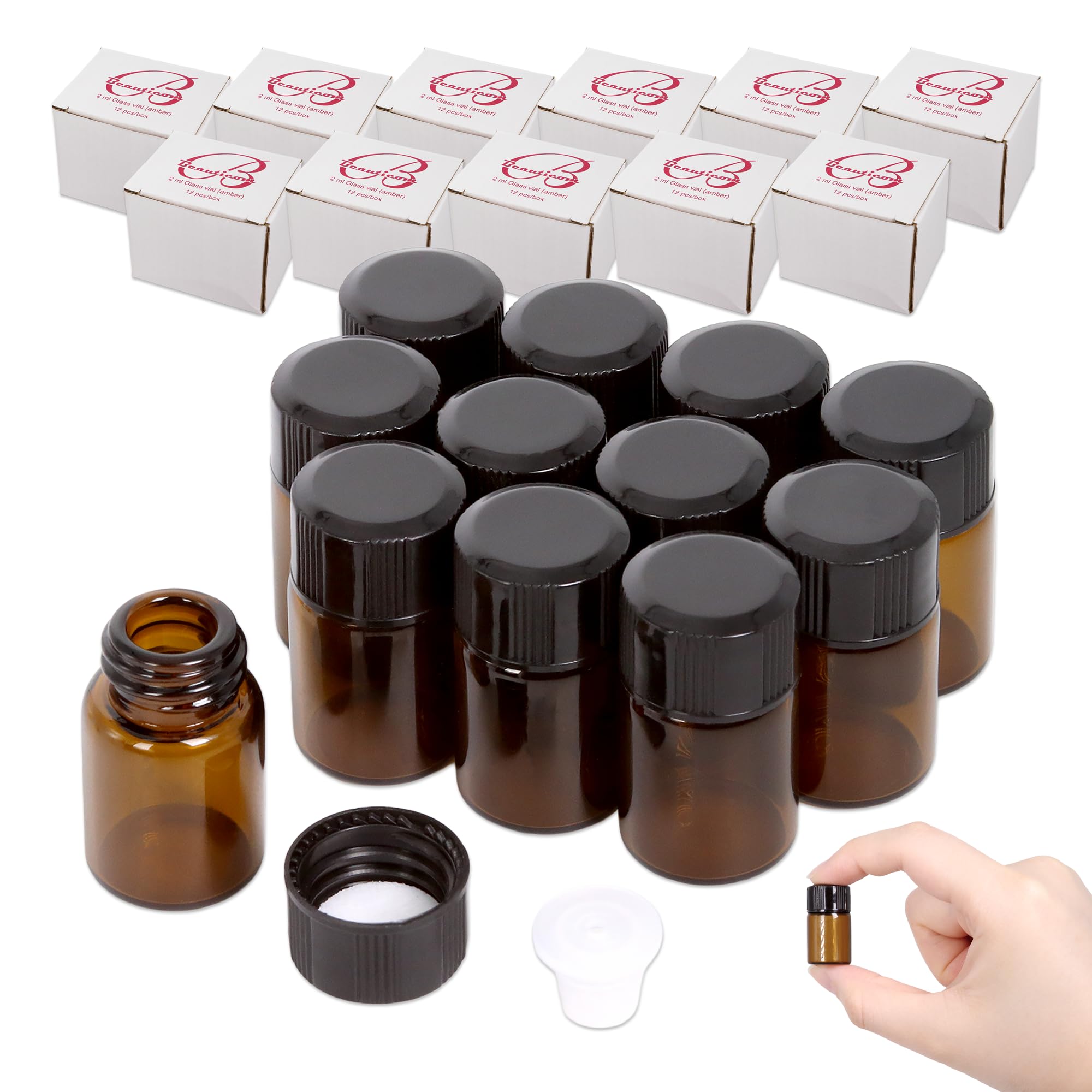 beauticom US 5/8 DRAM (2 ml) Fiolka ze szkła bursztynowego do chemii laboratoryjnej, odczynników, serum, olejów i innych płynów z reduktorem otworów i zakraplaczem Top - Opakowanie 144 szt