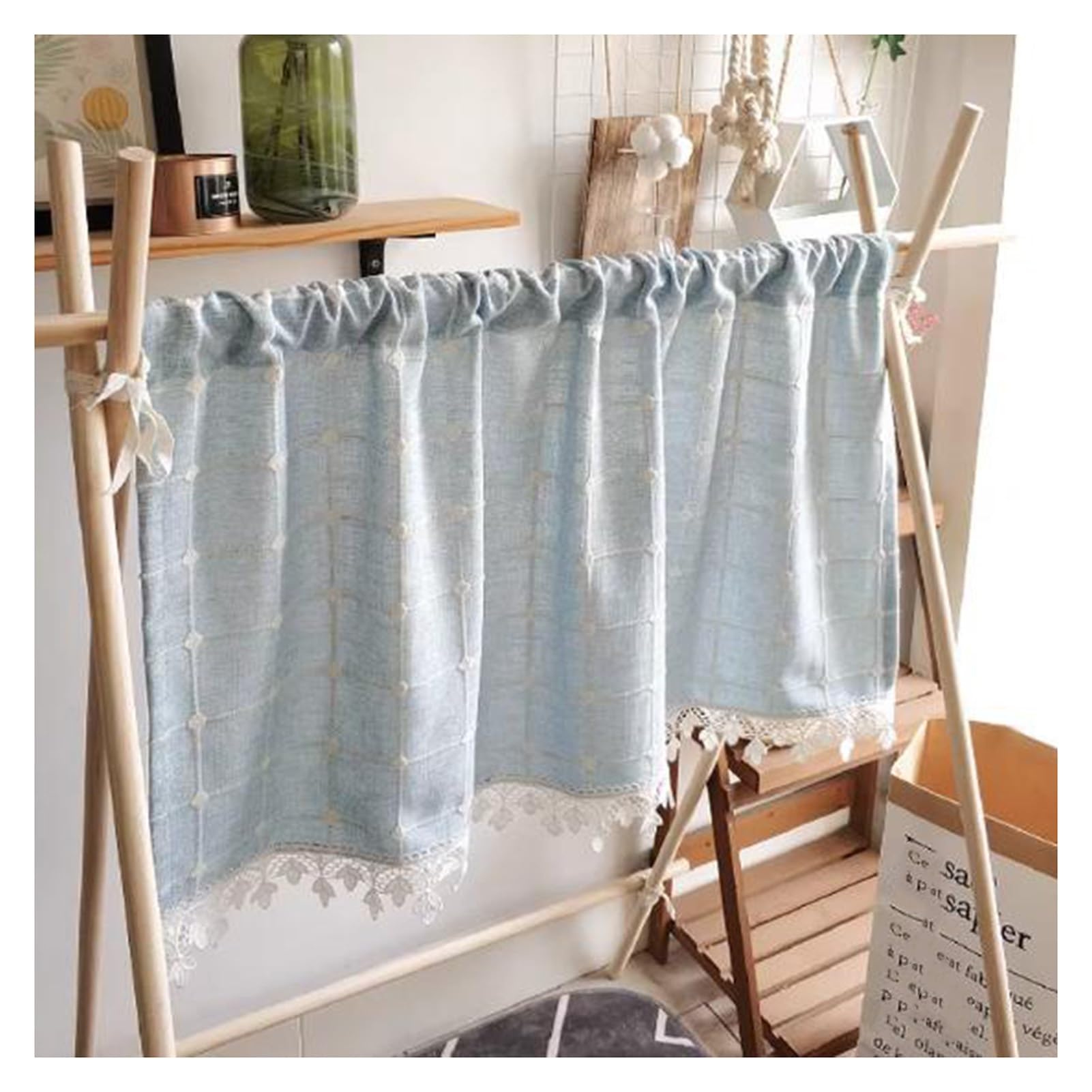 Cortina de nivel corto traslúcida y cenefa rústica de 110x60 cm para ventana de lavandería