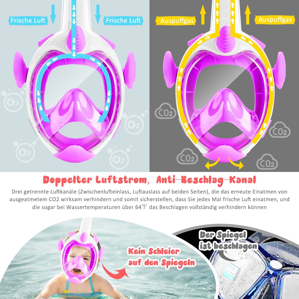 Máscara de esnórquel de unicornio para niños de 4 a 12 años, 180° HD, antivaho y antifugas, gafas de buceo para niños con esnórquel, máscara de esnorquel segura de CO2 (morado)