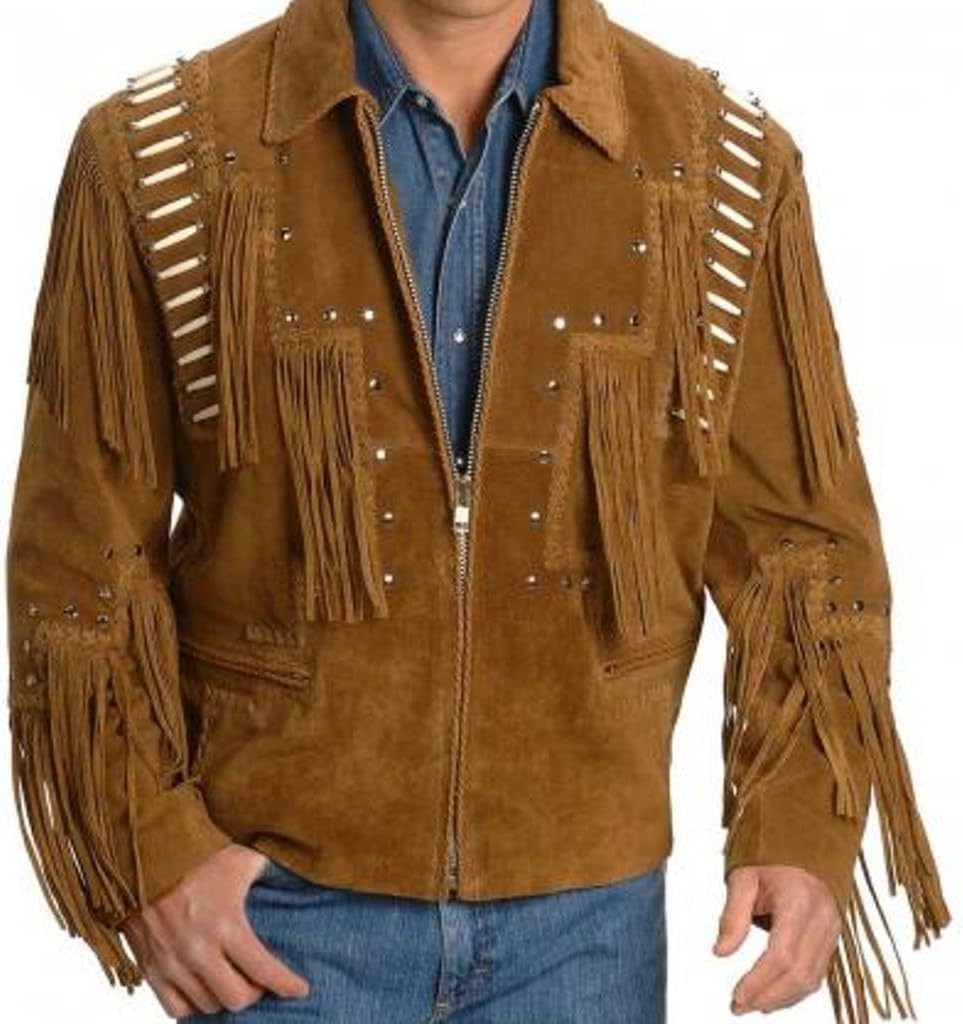 HiFacon Traditionele suède leren jas met franjes voor heren | Westerse cowboyjasstijl met franjes, Bruin - Jas met Franjes, XXL