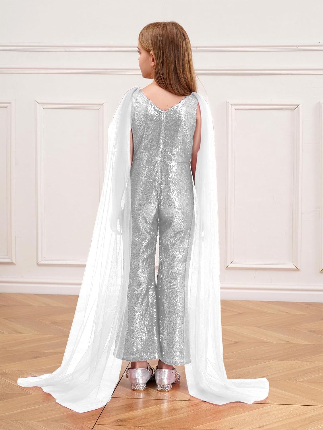 ranrann Girls Sparkly Sequin Jumpsuit Outfits Pageant Romper Tulle V Neck Prom Party Mesh Overlay Long Pants