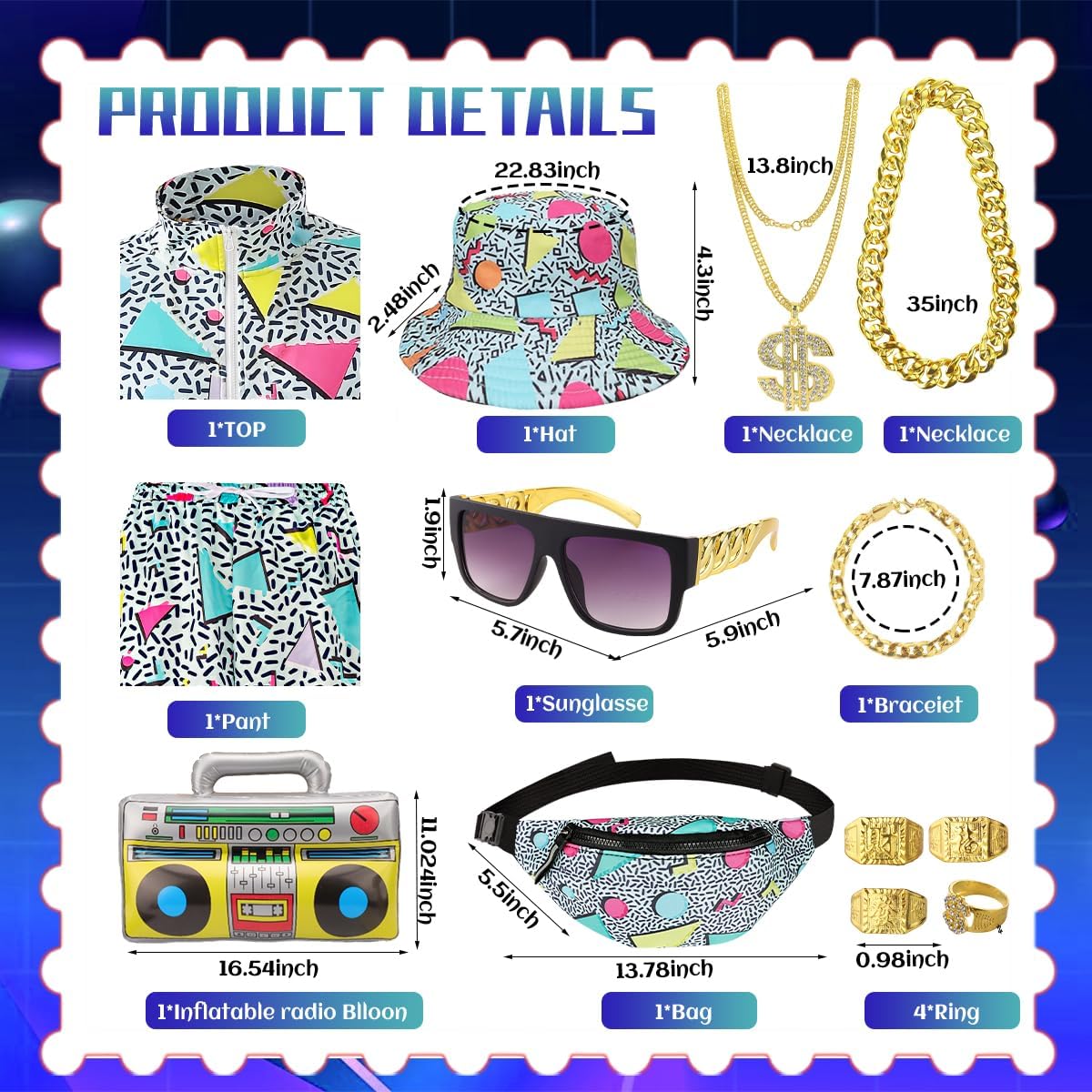 80s 90s Outfit for Men Tracksuit Costume, Hip Hop Hat Fanny Pack Ring Bracelet Gold Chain Rapper Sportswear - Image 2