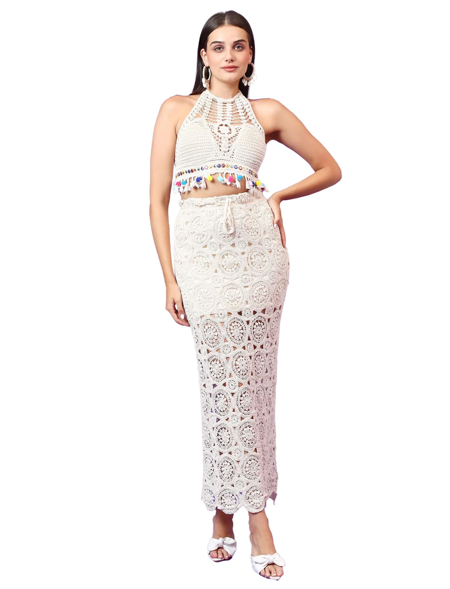 ICW Women's Boho Crochet Backless Lace-up Halter Neck Top and Skirt Vacation Two-Piece Set Beachwear Co-ord Set Swimsuit DN63-image-42