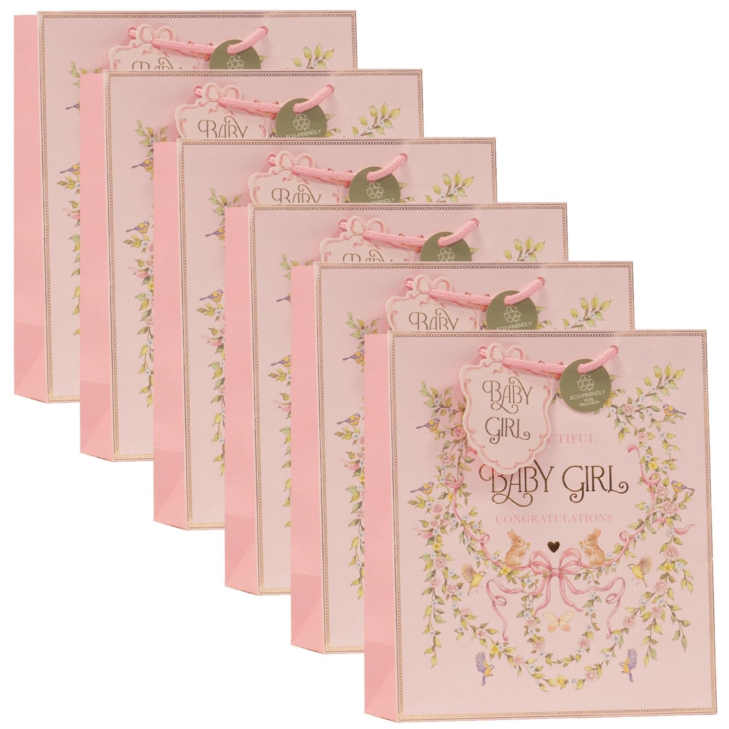 Design By Violet Baby Girl Medium Gift Bag – Set of 6 Decorative Paper Gift Bag with Ribbon Handles for Baby Shower, New Baby and Christening Gifts, Eco Friendly and 100% Recyclable