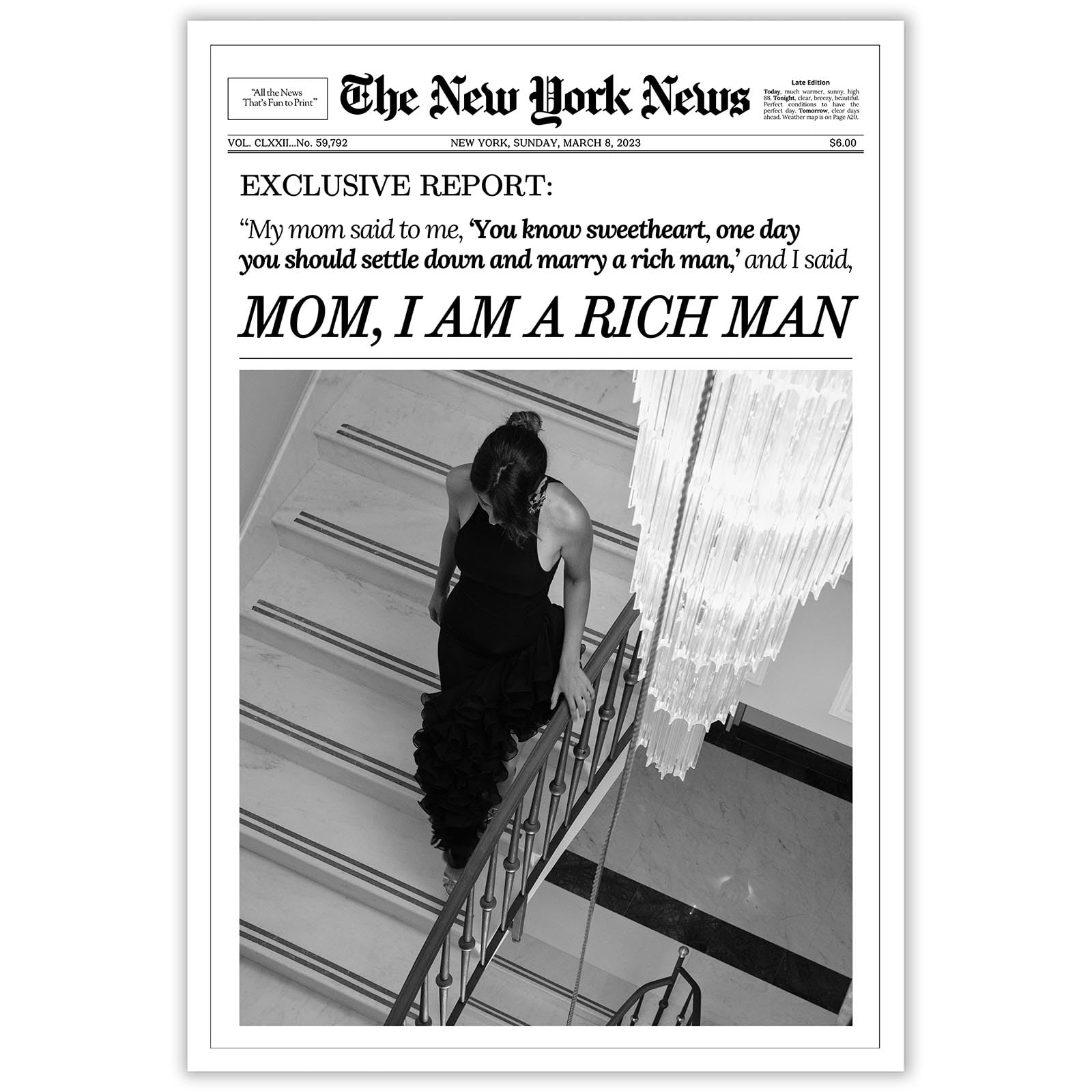 FBKDVC Trendy Black And White Newspaper Canvas Wall Art Poster Mom I Am A Rich Man Funky Girl Aesthetic Preppy Print News Girly Retro Wall Decor For Bar Cart Girls Dorm 16x24in Unframed